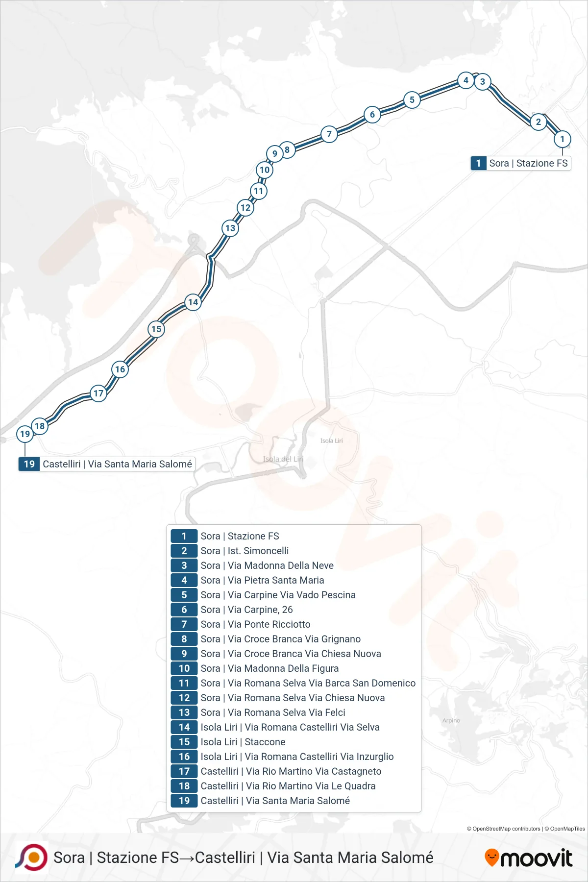 Linea COTRAL bus (Sora | Stazione FS→Castelliri | Via Santa Maria Salomé) - Percorsi e fermate sulla mappa