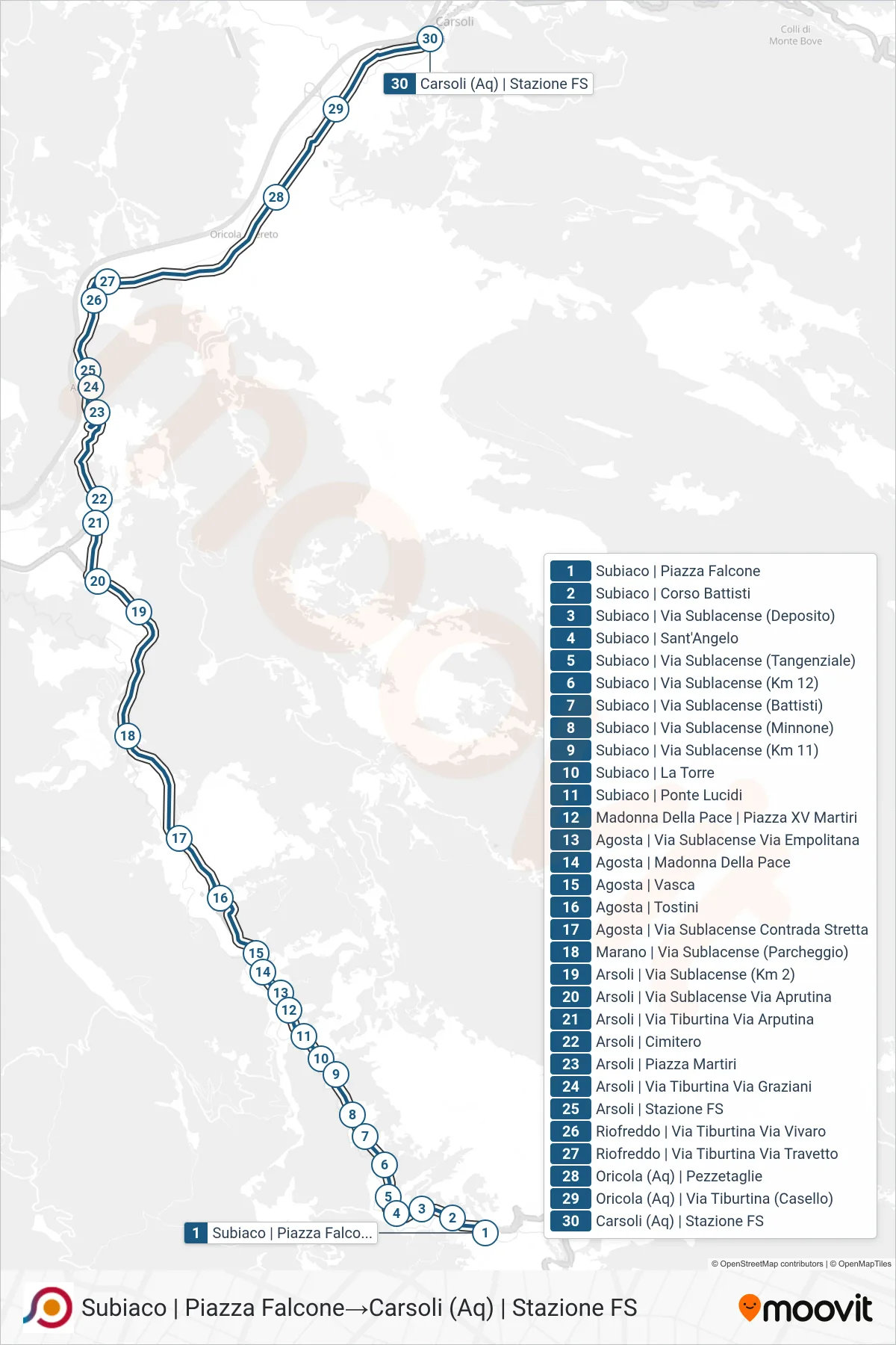 Linea COTRAL bus (Subiaco | Piazza Falcone→Carsoli (Aq) | Stazione FS) - Percorsi e fermate sulla mappa