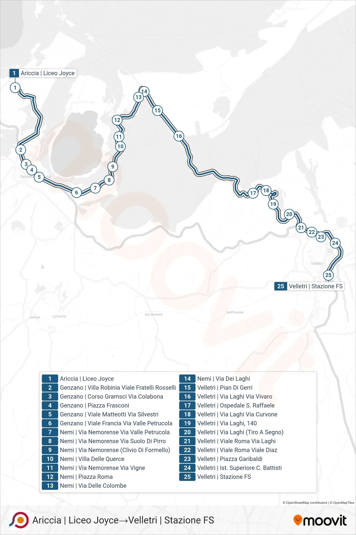 Linea COTRAL bus (Ariccia | Liceo Joyce→Velletri | Stazione FS) - Percorsi e fermate sulla mappa