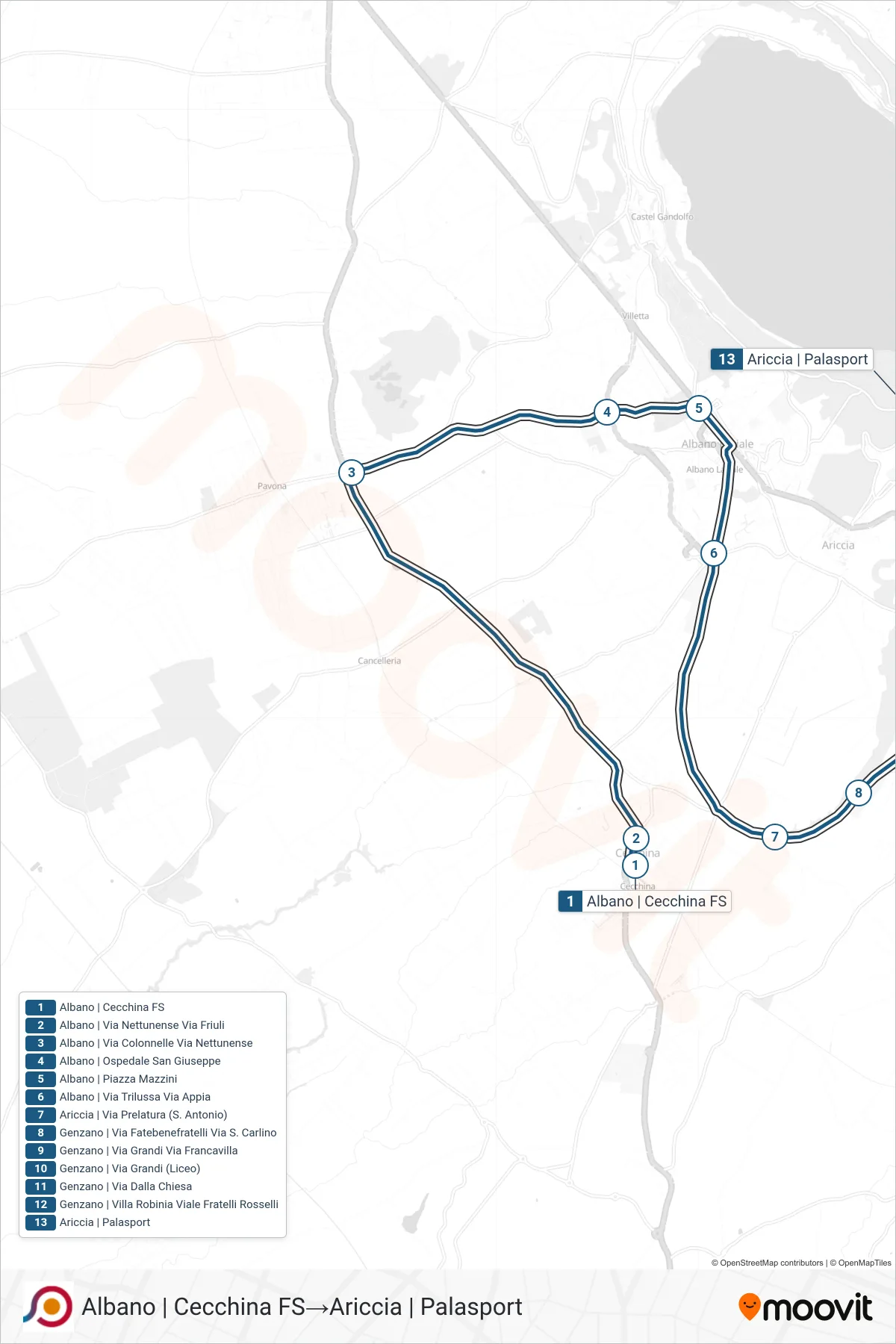 Linea COTRAL  bus (Albano | Cecchina FS‎→Ariccia | Palasport) - Percorsi e fermate sulla mappa