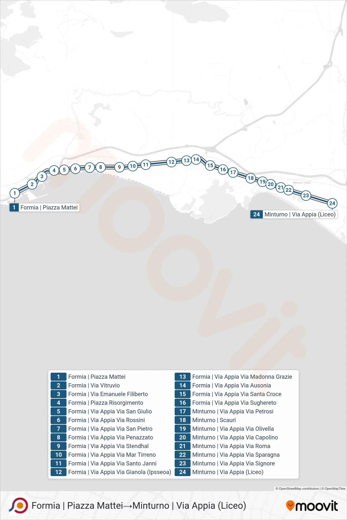 Linea COTRAL bus (Formia | Piazza Mattei→Minturno | Via Appia (Liceo)) - Percorsi e fermate sulla mappa