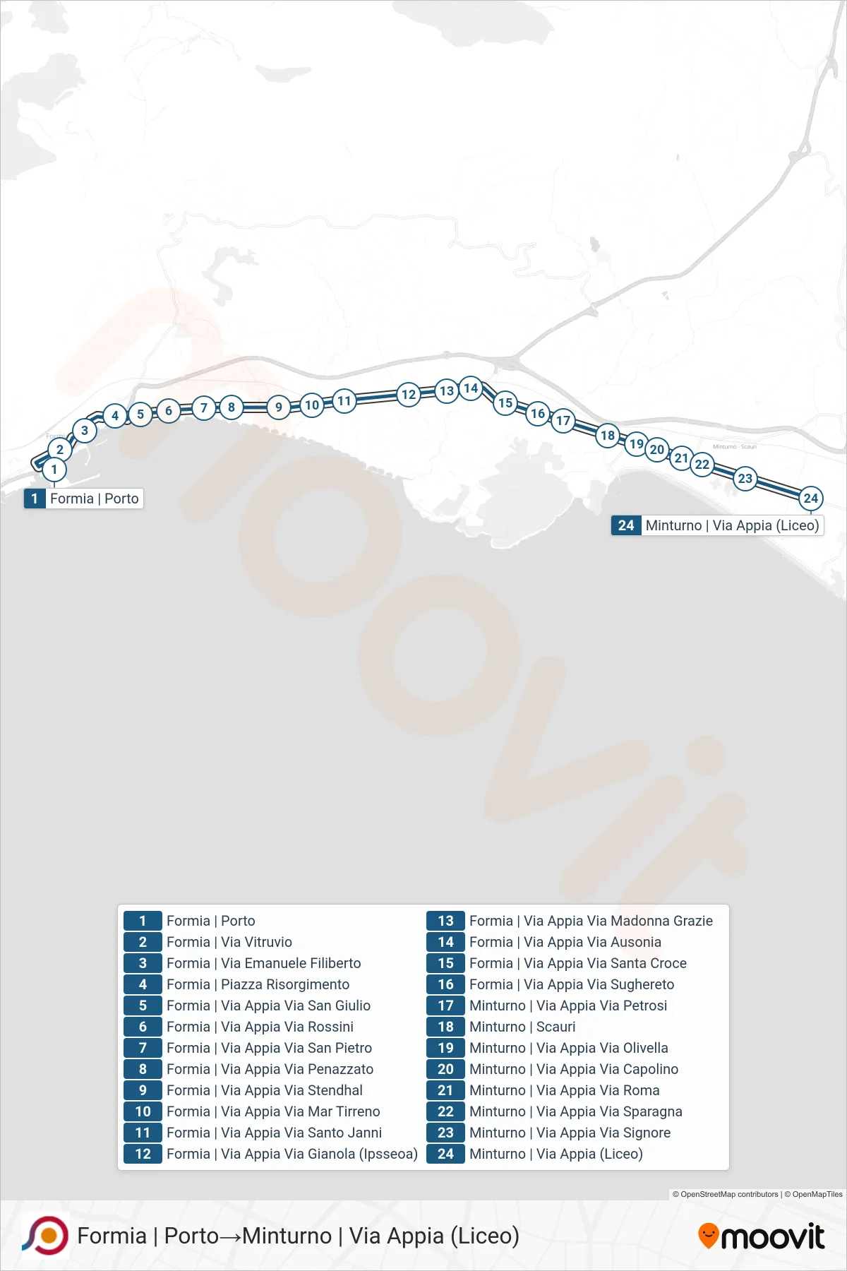 Linea COTRAL bus (Formia | Porto→Minturno | Via Appia (Liceo)) - Percorsi e fermate sulla mappa