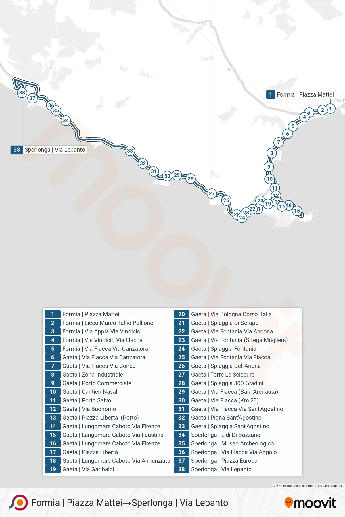 Linea COTRAL bus (Formia | Piazza Mattei→Sperlonga | Via Lepanto) - Percorsi e fermate sulla mappa