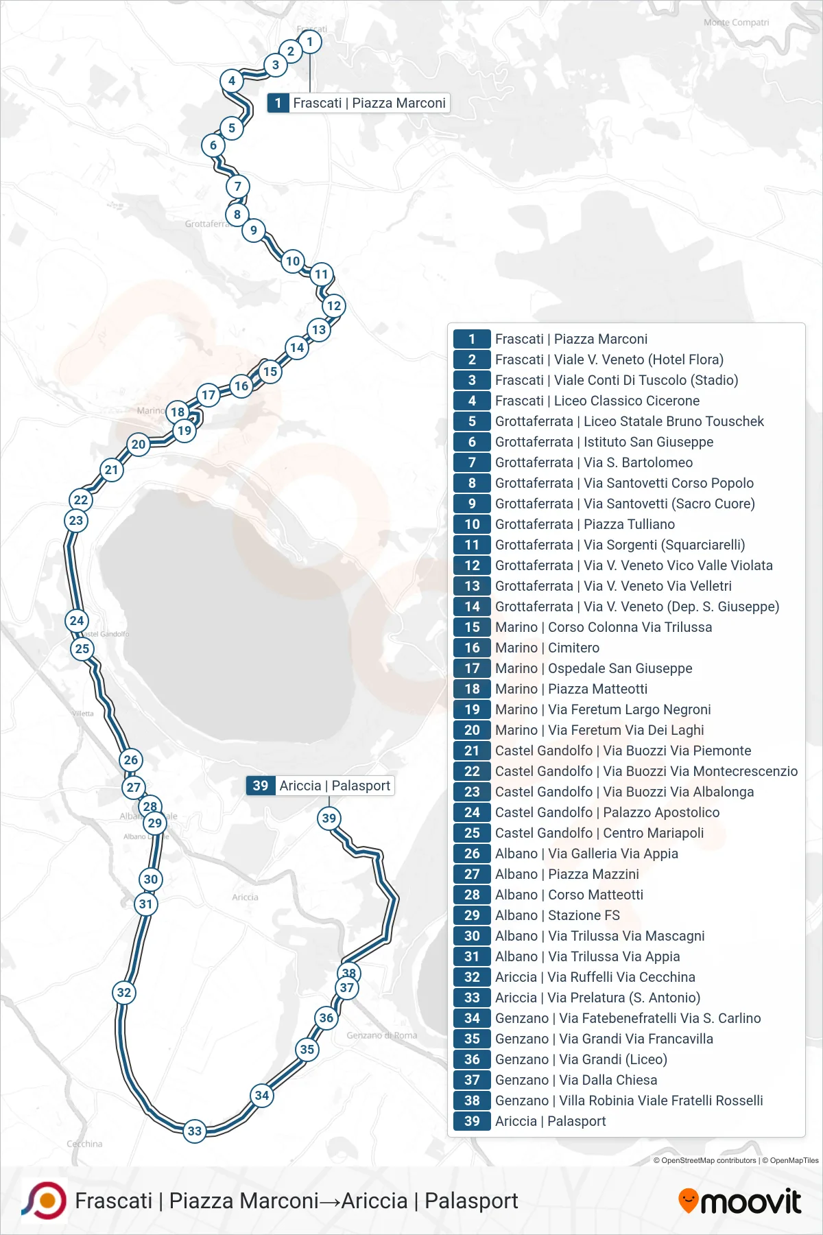 Linea COTRAL bus (Frascati | Piazza Marconi→Ariccia | Palasport) - Percorsi e fermate sulla mappa