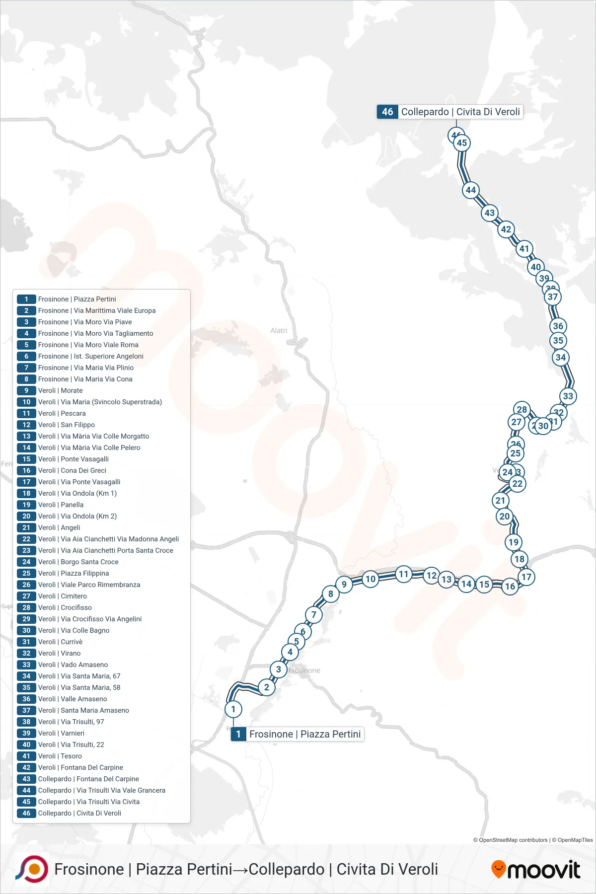 Linea COTRAL bus (Frosinone | Piazza Pertini→Collepardo | Civita Di Veroli) - Percorsi e fermate sulla mappa