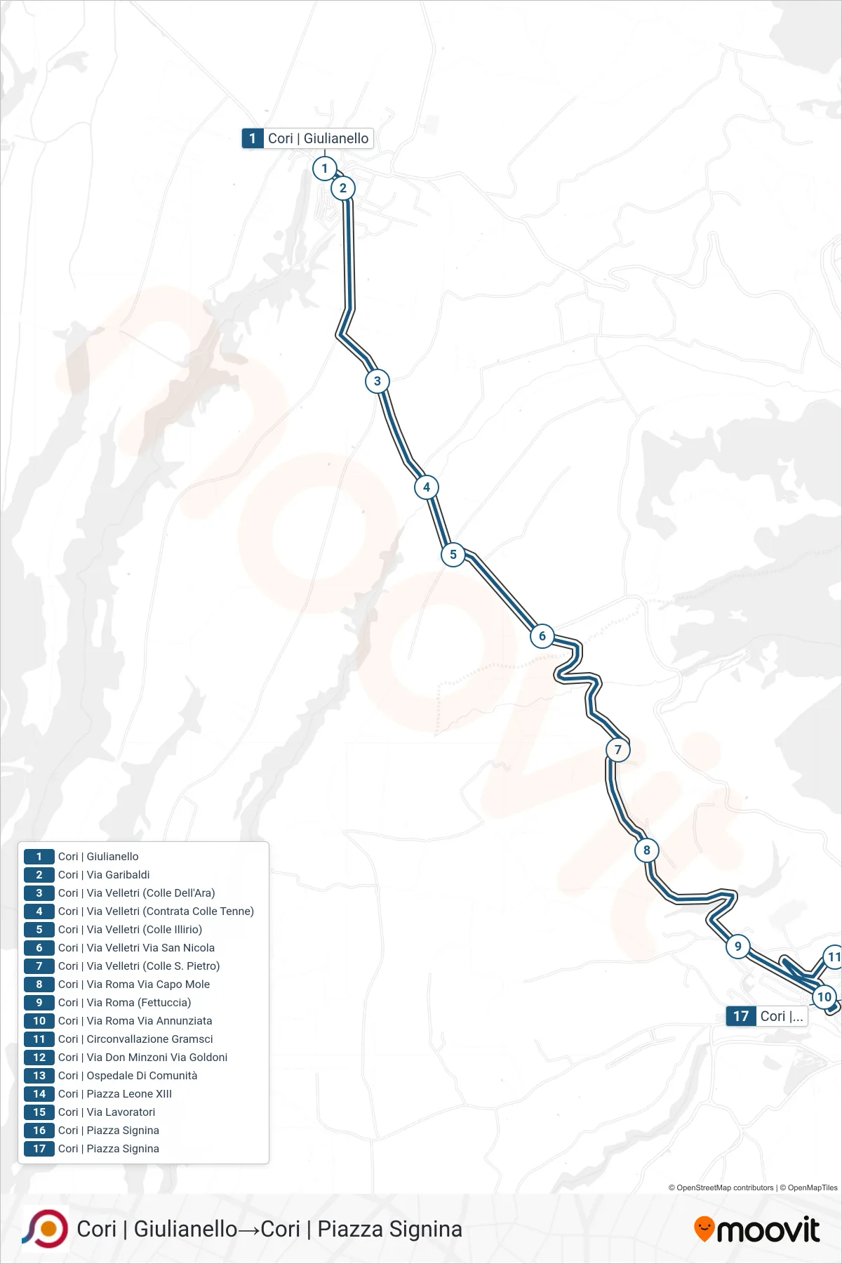 Linea COTRAL bus (Cori | Giulianello→Cori | Piazza Signina) - Percorsi e fermate sulla mappa