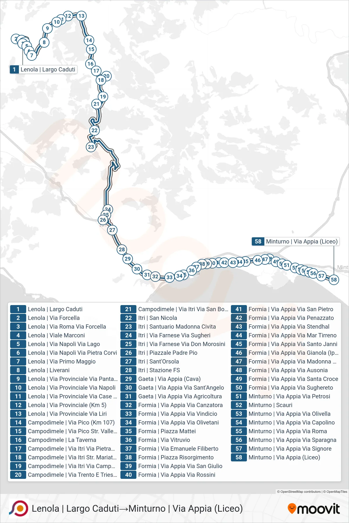 Linea COTRAL bus (Lenola | Largo Caduti→Minturno | Via Appia (Liceo)) - Percorsi e fermate sulla mappa