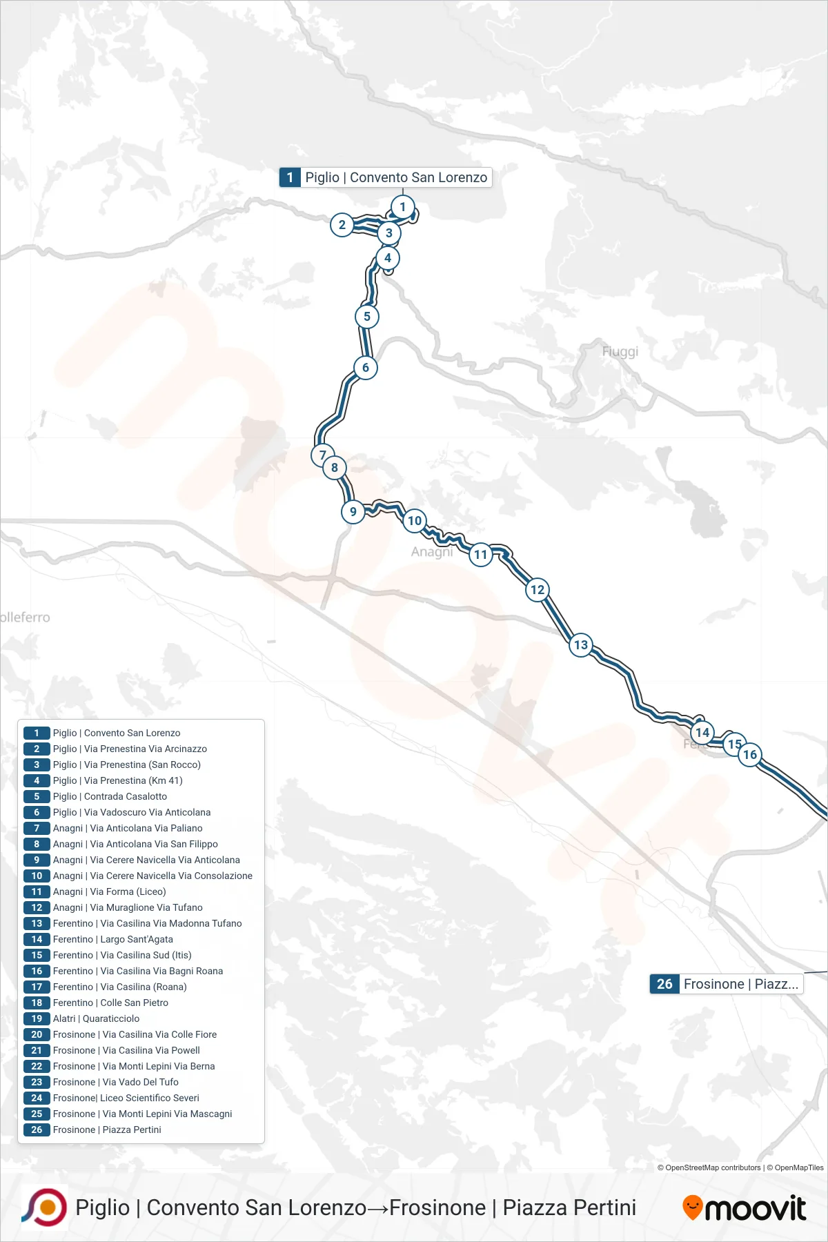 Linea COTRAL bus (Piglio | Convento San Lorenzo→Frosinone | Piazza Pertini) - Percorsi e fermate sulla mappa