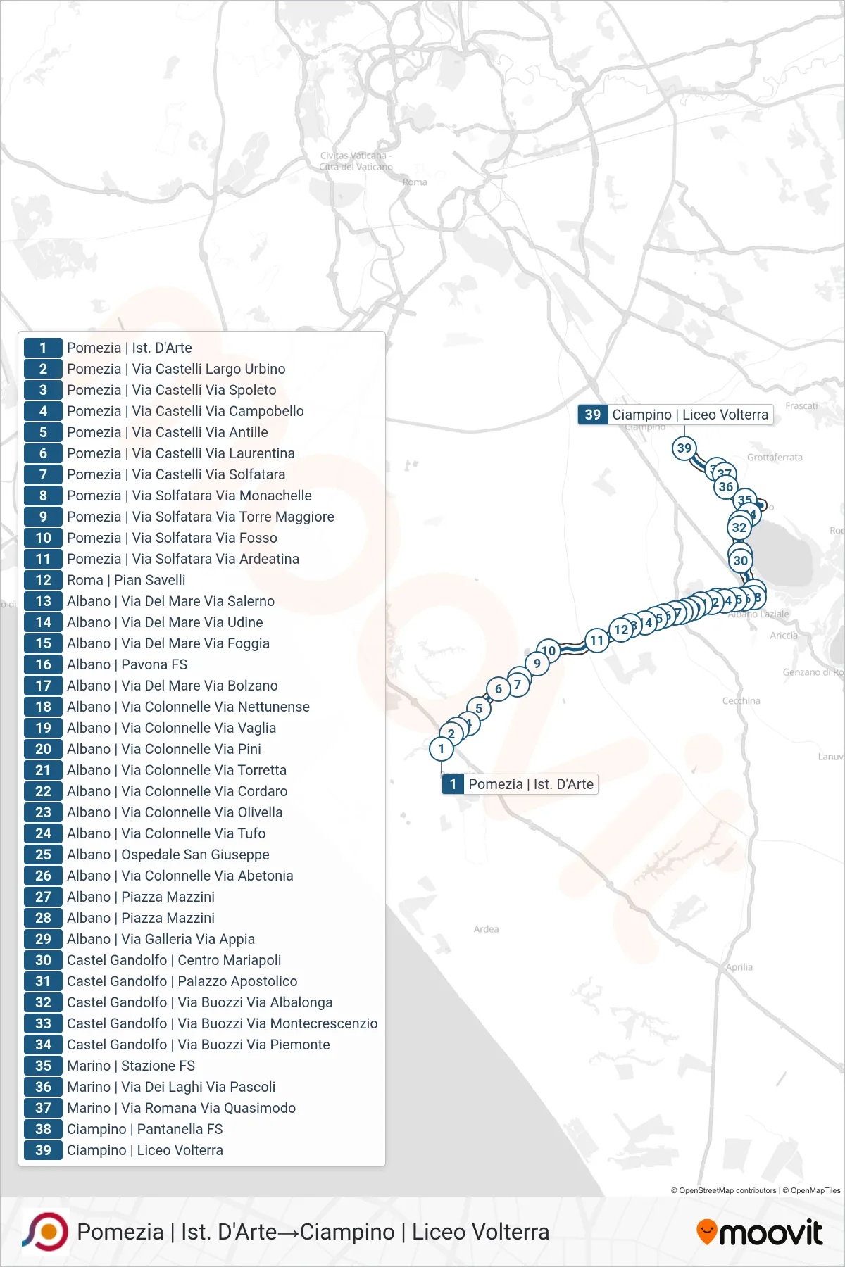 Linea COTRAL bus (Pomezia | Ist. D'Arte→Ciampino | Liceo Volterra) - Percorsi e fermate sulla mappa