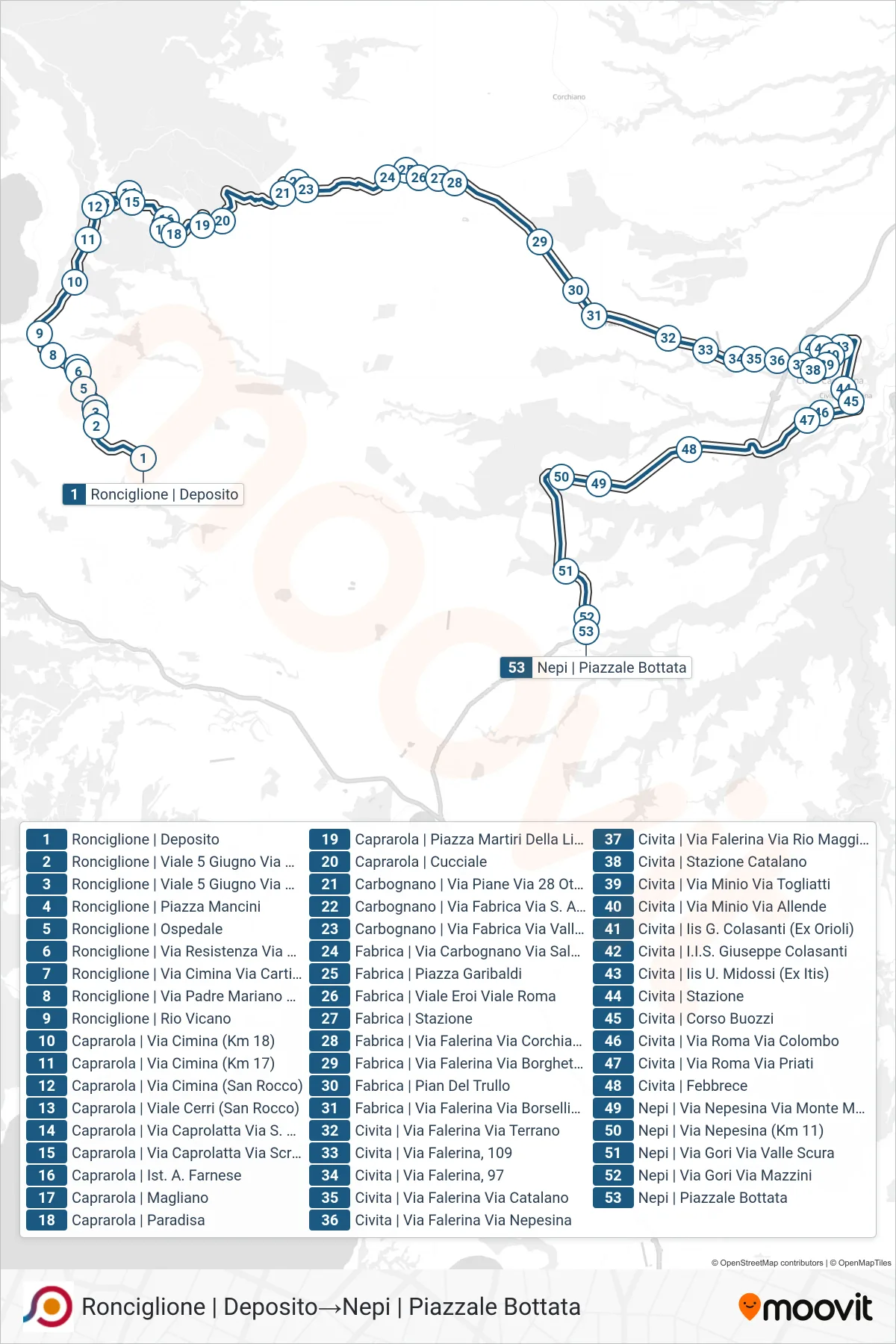 Linea COTRAL bus (Ronciglione | Deposito→Nepi | Piazzale Bottata) - Percorsi e fermate sulla mappa
