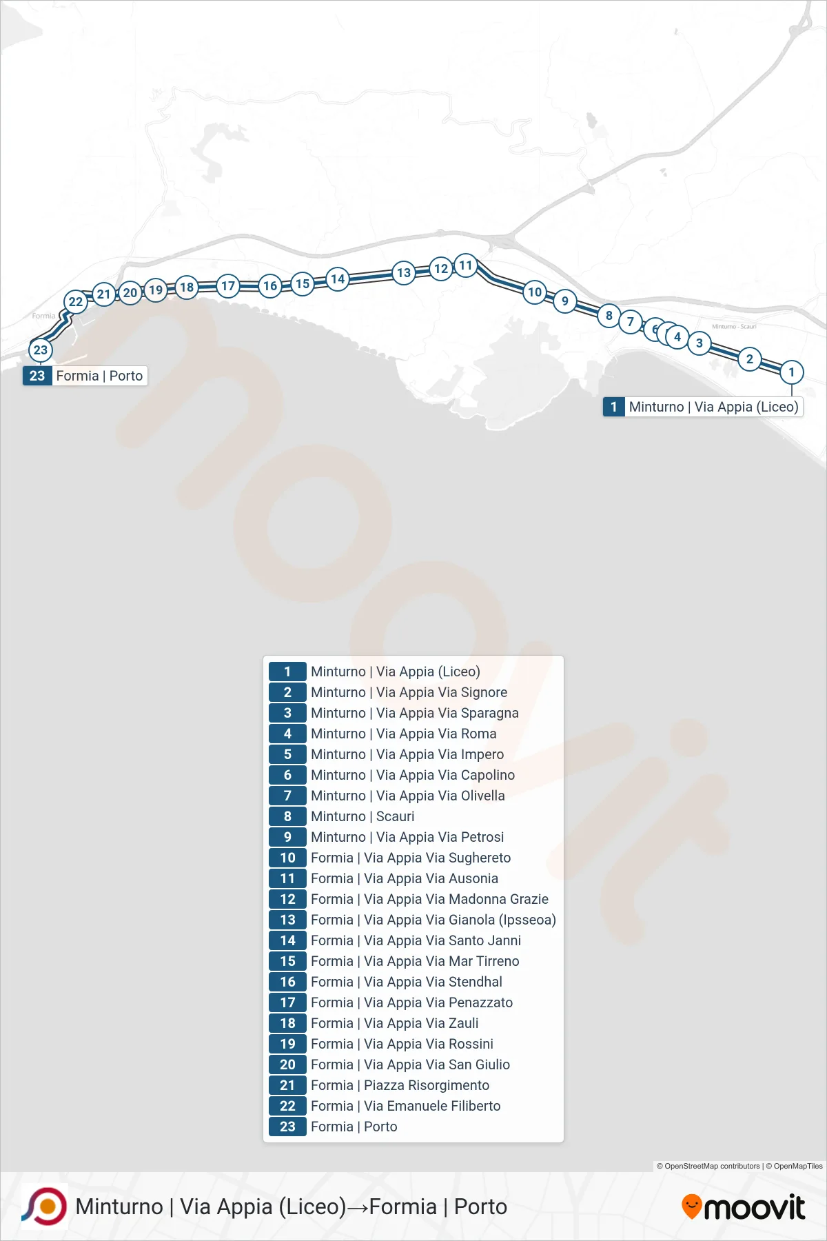 Linea COTRAL bus (Minturno | Via Appia (Liceo)→Formia | Porto) - Percorsi e fermate sulla mappa