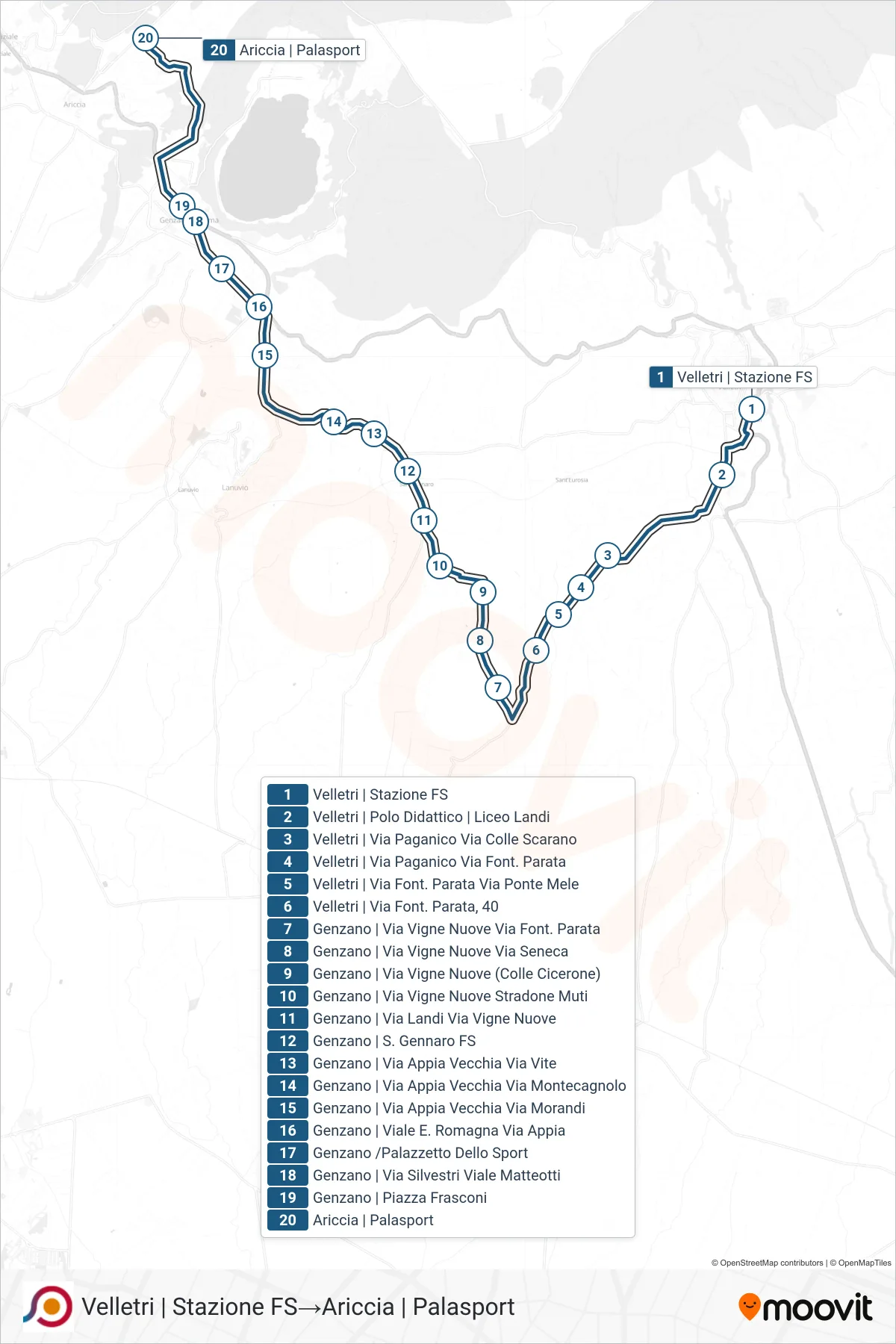 Linea COTRAL bus (Velletri | Stazione FS→Ariccia | Palasport) - Percorsi e fermate sulla mappa