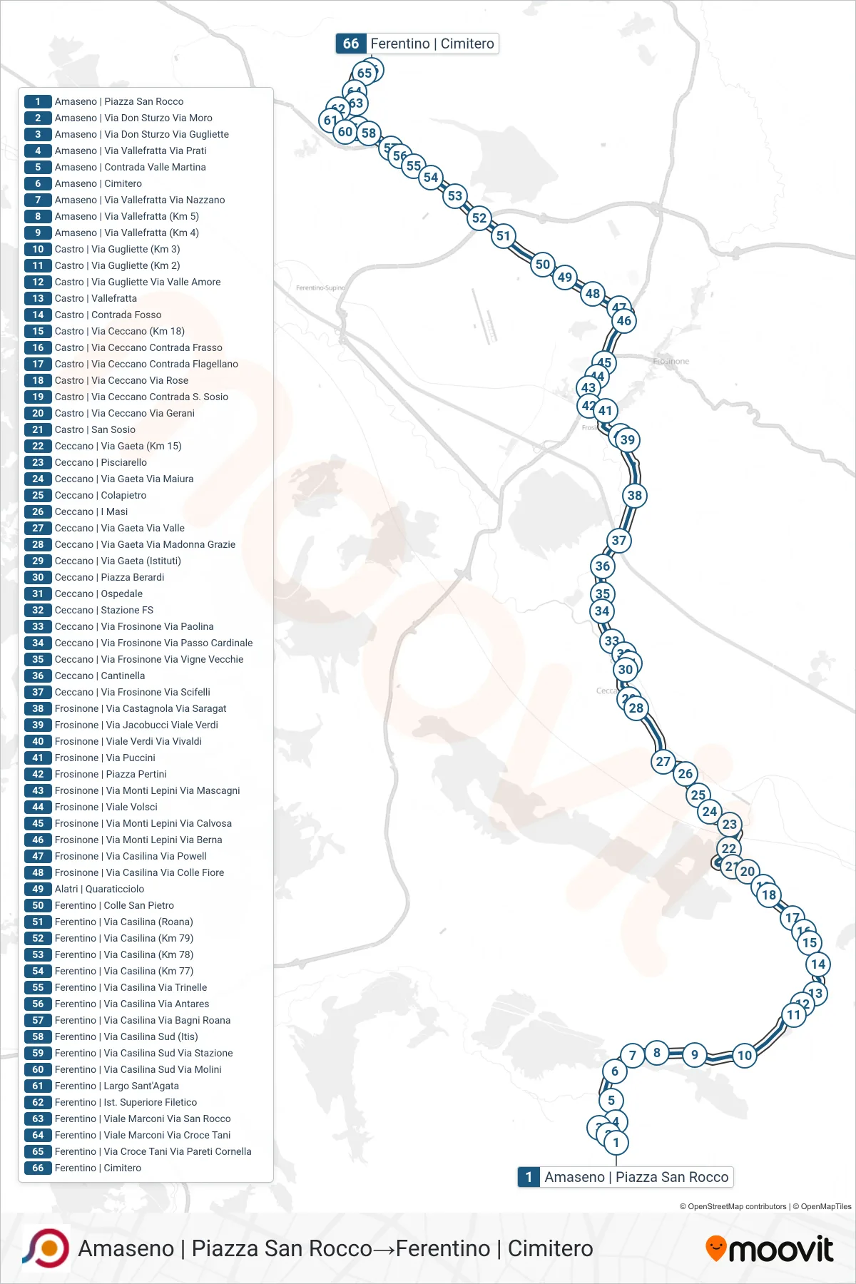 Linea COTRAL bus (Amaseno | Piazza San Rocco→Ferentino | Cimitero) - Percorsi e fermate sulla mappa