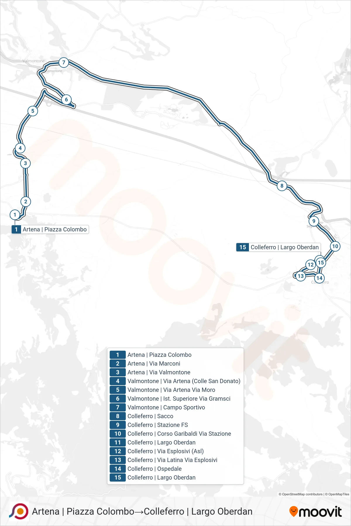 COTRAL bus Line (Artena via Piazza Colombo→Colleferro | Largo Oberdan) route and stops on a map