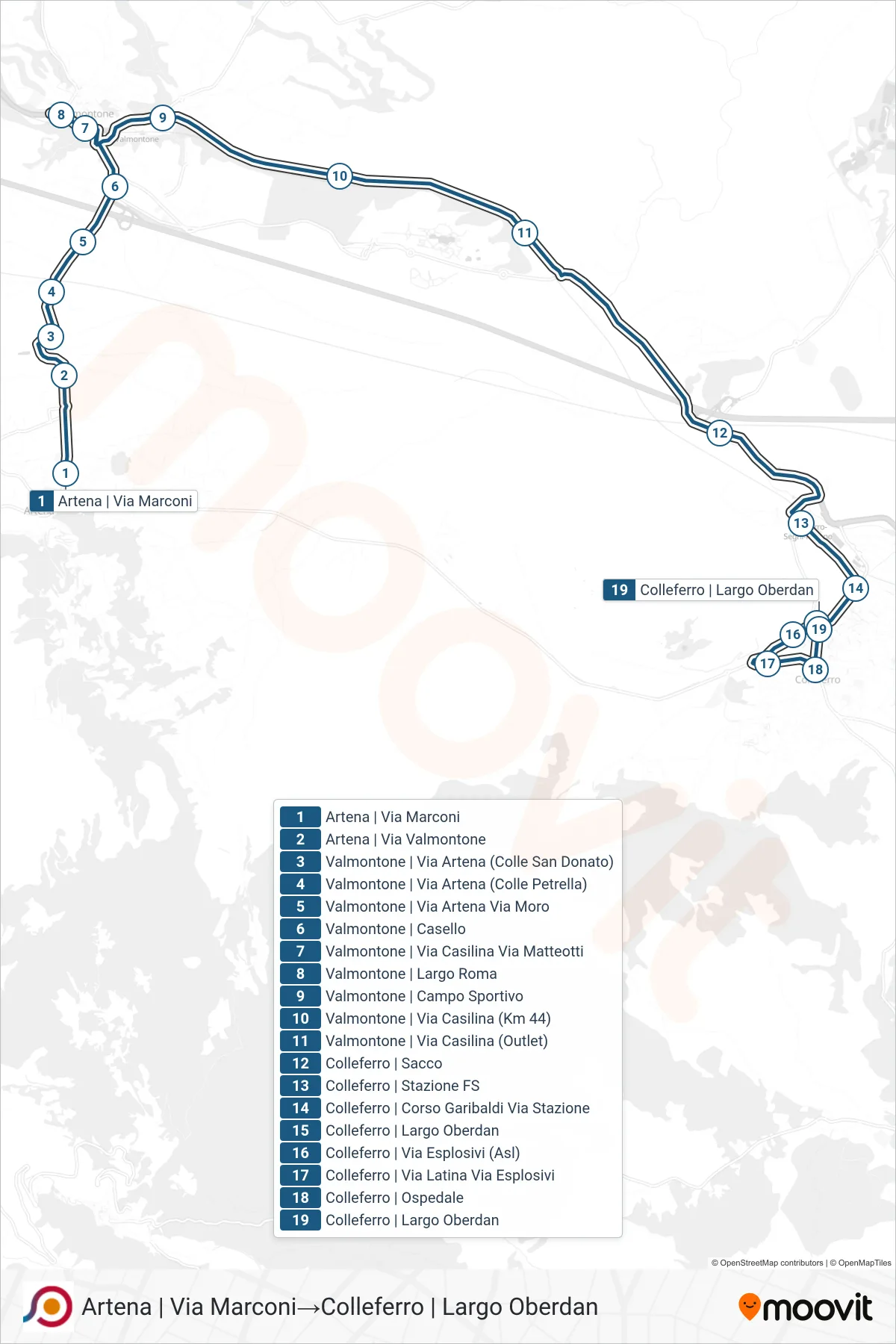Linea COTRAL bus (Artena | Via Marconi→Colleferro | Largo Oberdan) - Percorsi e fermate sulla mappa