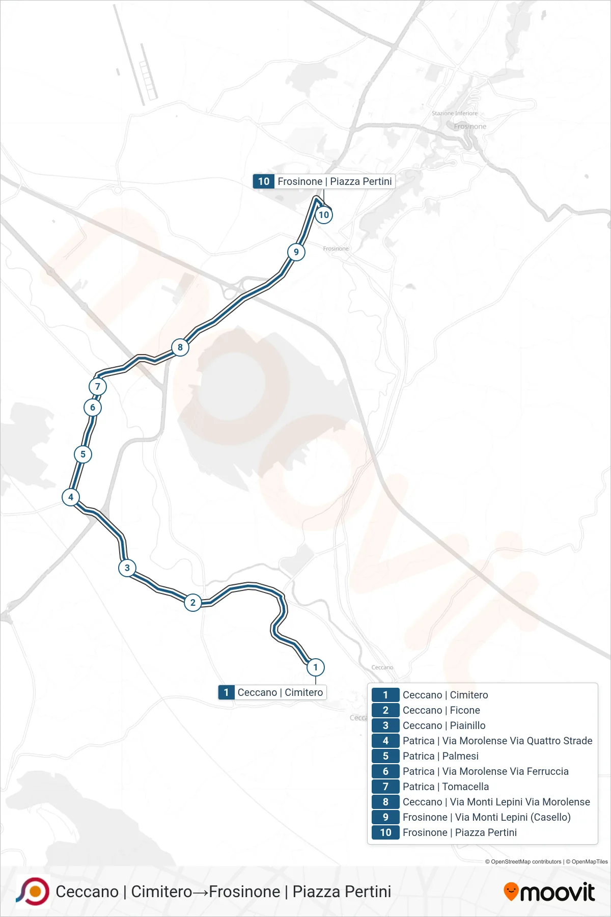 Linea COTRAL bus (Ceccano | Cimitero→Frosinone | Piazza Pertini) - Percorsi e fermate sulla mappa