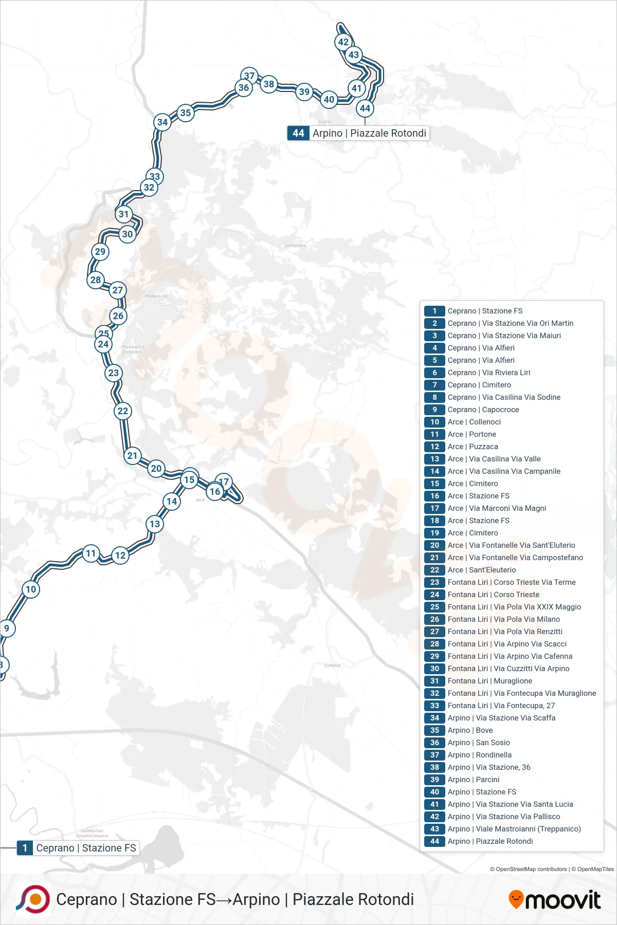 Linea COTRAL bus (Ceprano | Stazione FS→Arpino | Piazzale Rotondi) - Percorsi e fermate sulla mappa