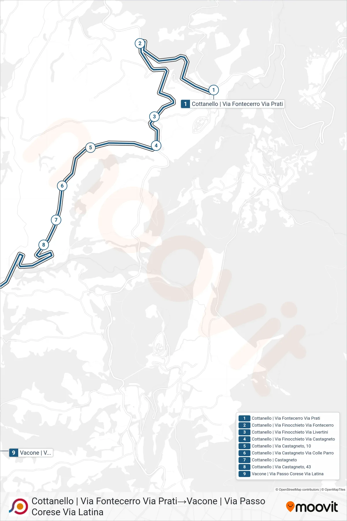 Linea COTRAL bus (Cottanello | Via Fontecerro Via Prati→Vacone | Via Passo Corese Via Latina) - Percorsi e fermate sulla mappa