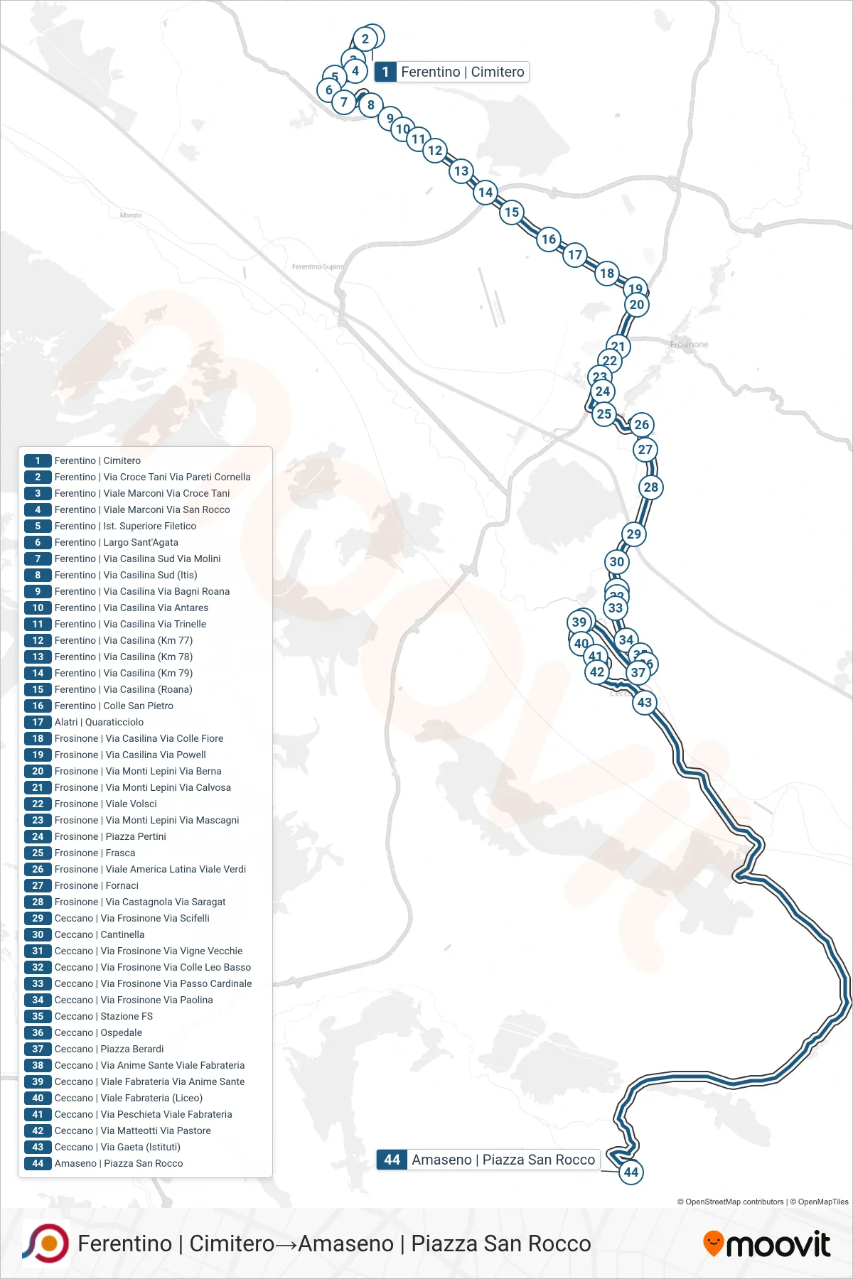 Linea COTRAL bus (Ferentino | Cimitero→Amaseno | Piazza San Rocco) - Percorsi e fermate sulla mappa