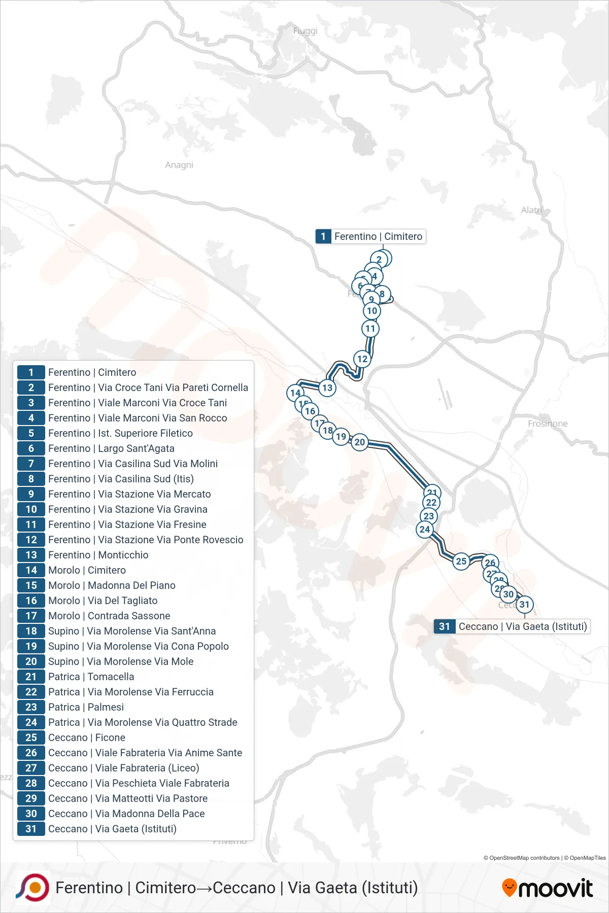Linea COTRAL bus (Ferentino | Cimitero→Ceccano | Via Gaeta (Istituti)) - Percorsi e fermate sulla mappa