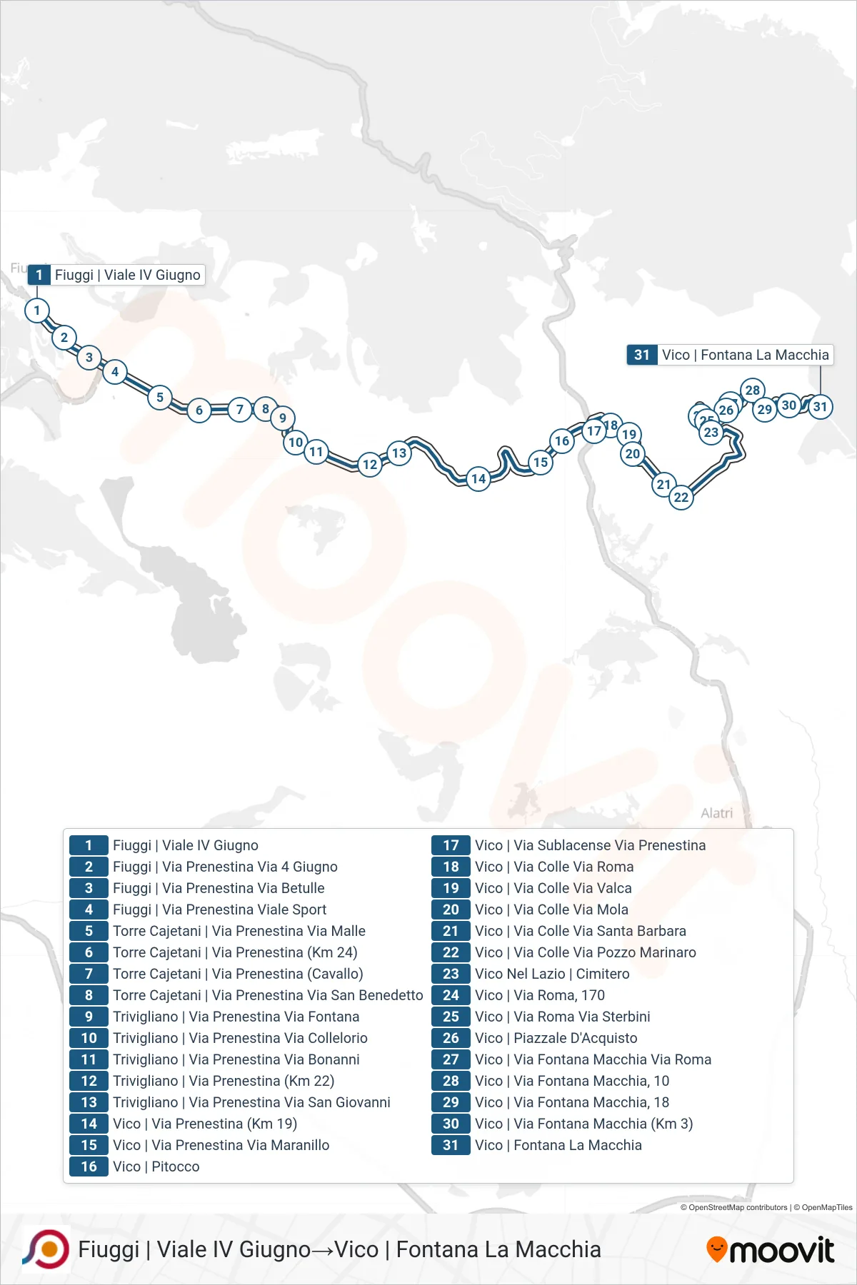 Linea COTRAL bus (Fiuggi | Viale IV Giugno→Vico | Fontana La Macchia) - Percorsi e fermate sulla mappa