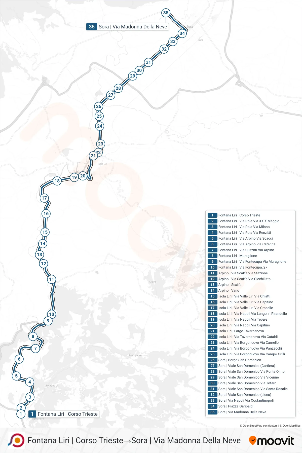 Linea COTRAL bus (Fontana Liri | Corso Trieste→Sora | Via Madonna Della Neve) - Percorsi e fermate sulla mappa