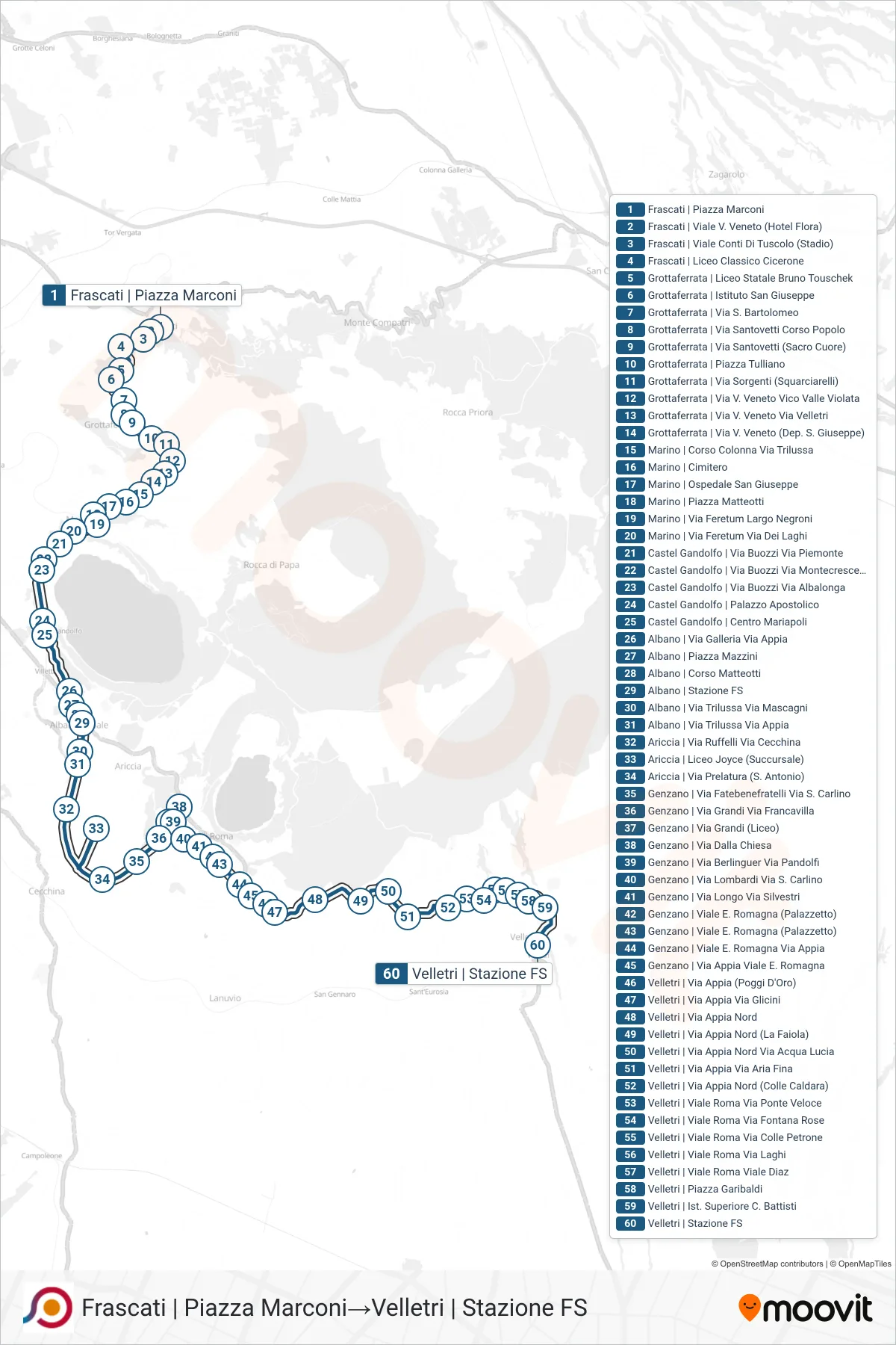 Linea COTRAL bus (Frascati | Piazza Marconi→Velletri | Stazione FS) - Percorsi e fermate sulla mappa