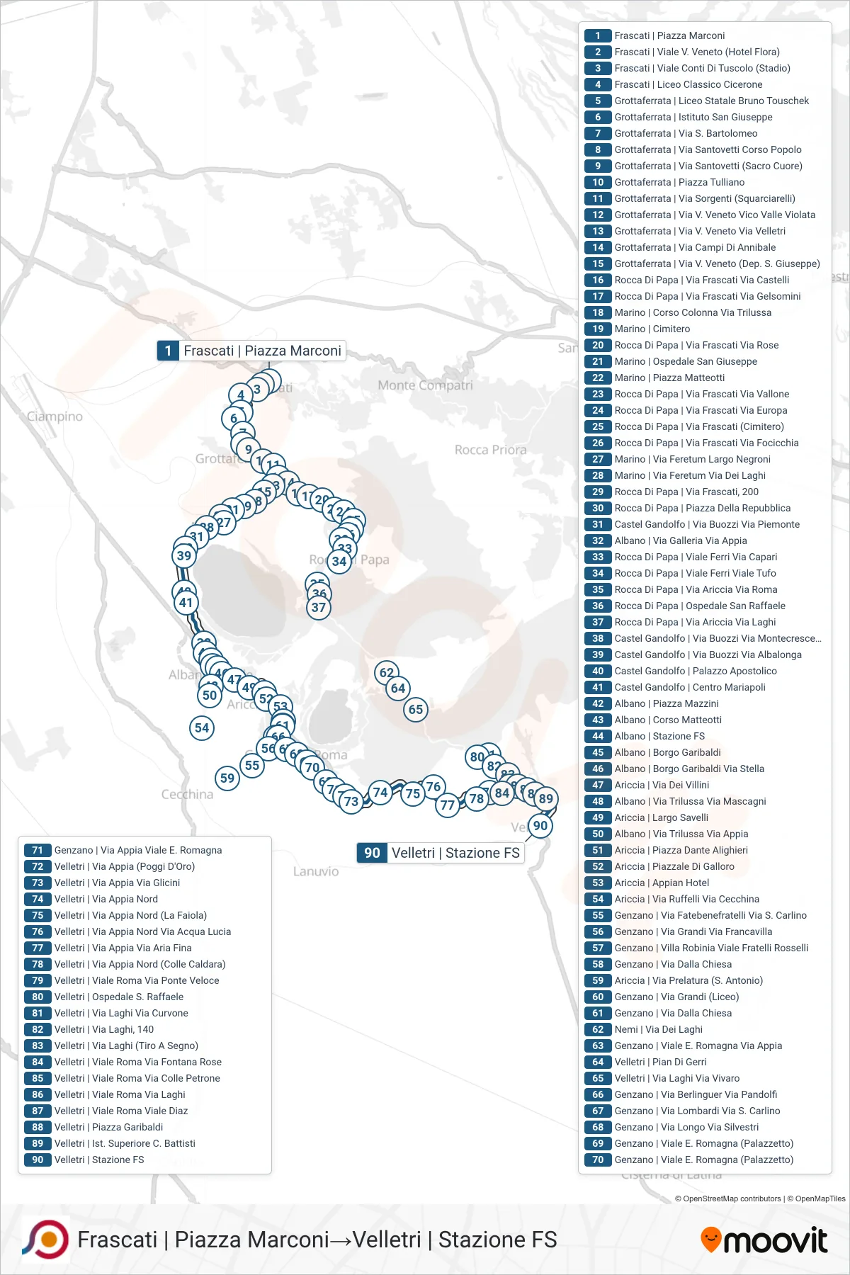 Linea COTRAL bus (Frascati | Piazza Marconi→Velletri | Stazione FS) - Percorsi e fermate sulla mappa