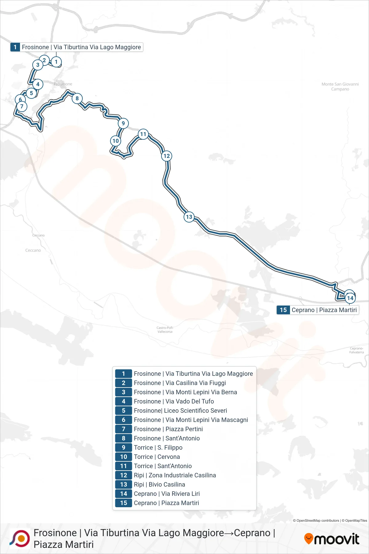 Linea COTRAL  bus (Frosinone | Via Tiburtina Via Lago Maggiore‎→Ceprano | Piazza Martiri) - Percorsi e fermate sulla mappa