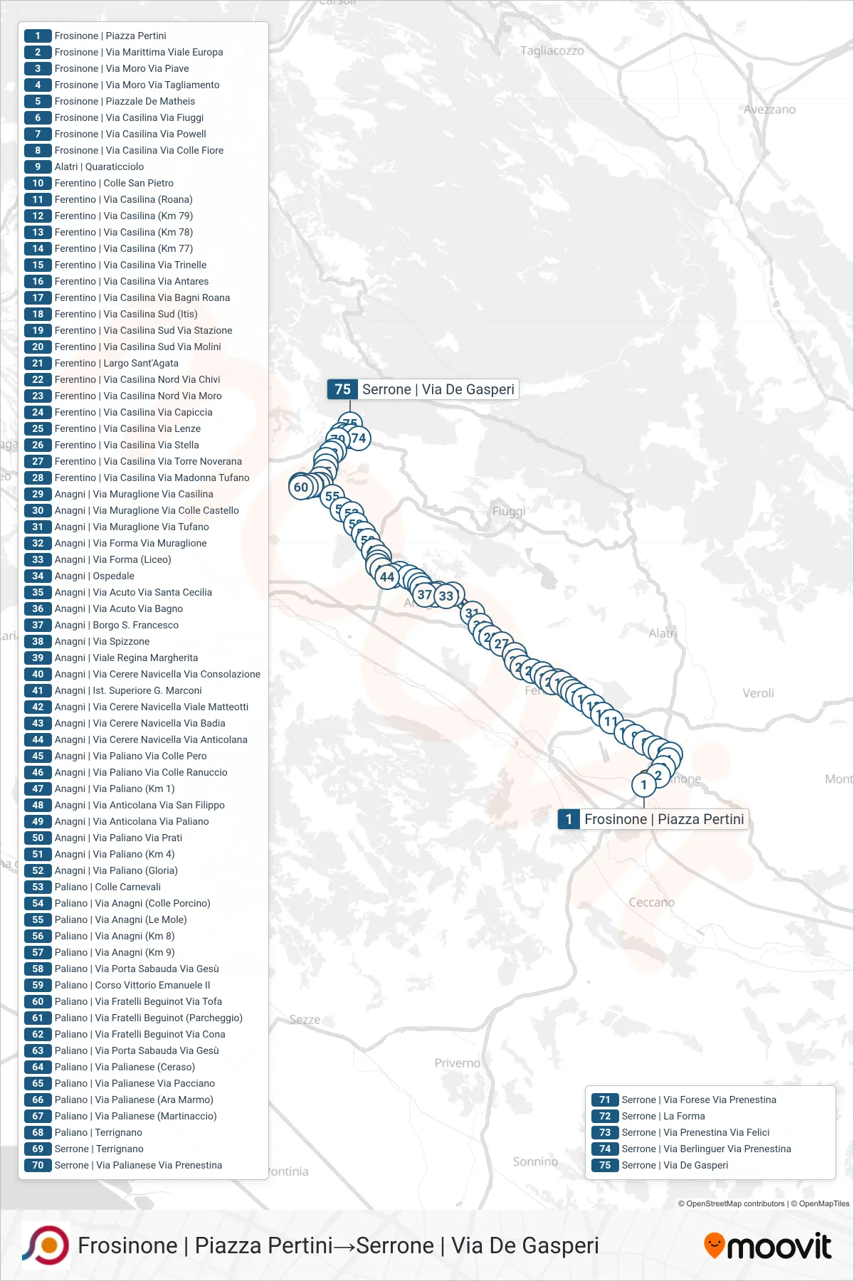 Linea COTRAL bus (Frosinone | Piazza Pertini→Serrone | Via De Gasperi) - Percorsi e fermate sulla mappa