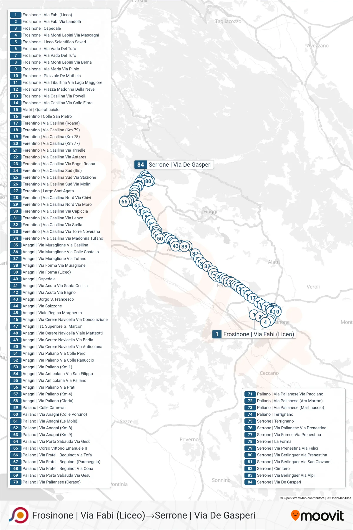 COTRAL bus Line (Frosinone | Via Fabi (High School)→Serrone | De Gasperi Street) route and stops on a map