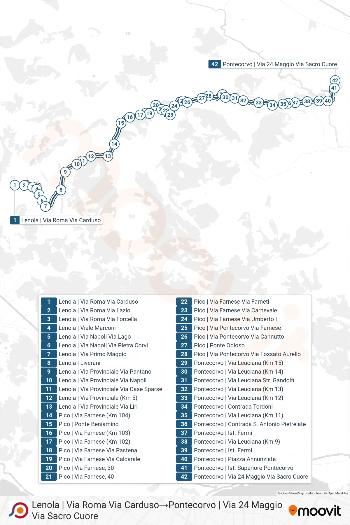 Linea COTRAL bus (Lenola | Via Roma Via Carduso→Pontecorvo | Via 24 Maggio Via Sacro Cuore) - Percorsi e fermate sulla mappa