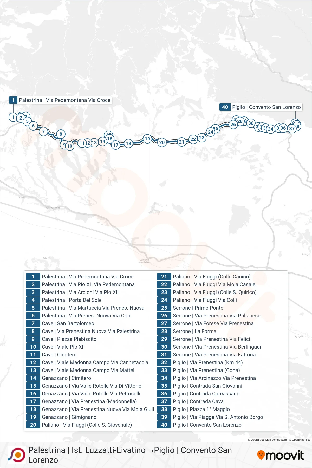 Linea COTRAL bus (Palestrina | Ist. Luzzatti-Livatino→Piglio | Convento San Lorenzo) - Percorsi e fermate sulla mappa