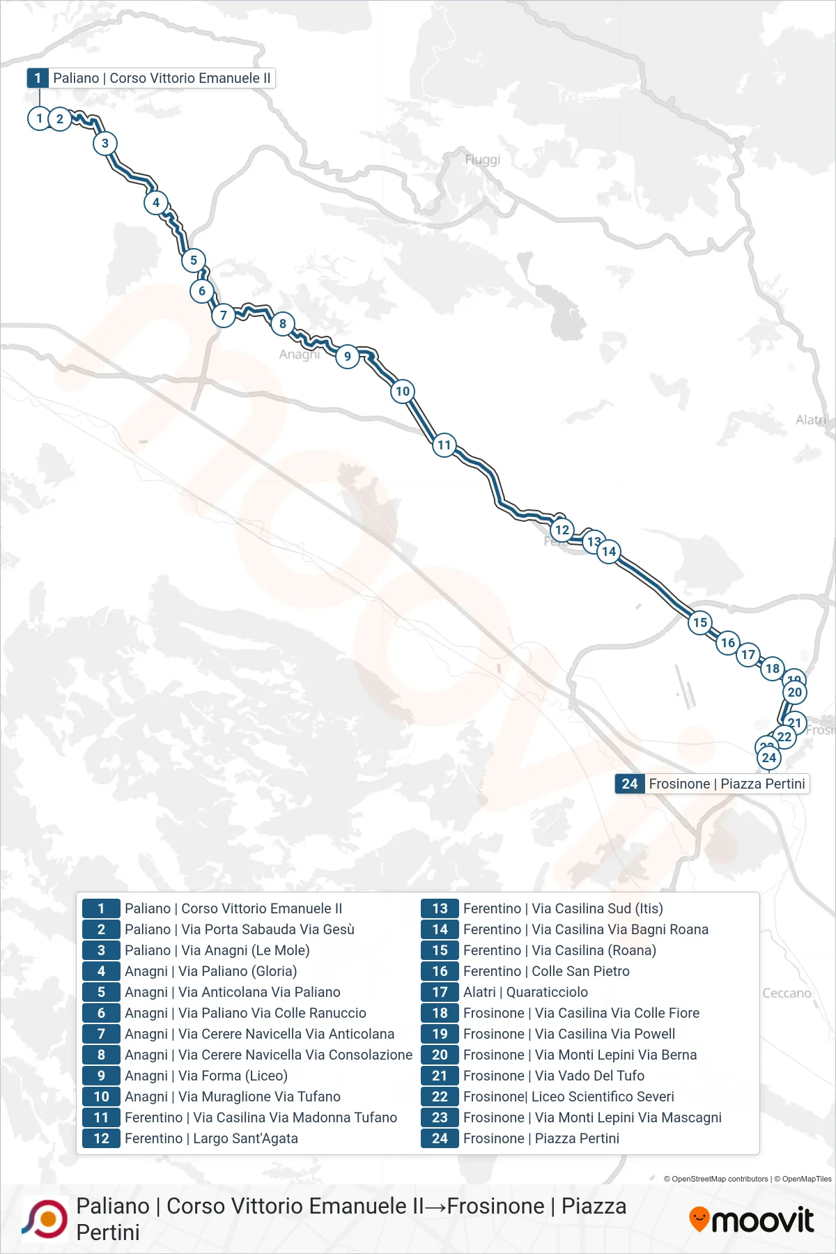 Linea COTRAL bus (Paliano | Corso Vittorio Emanuele II→Frosinone | Piazza Pertini) - Percorsi e fermate sulla mappa