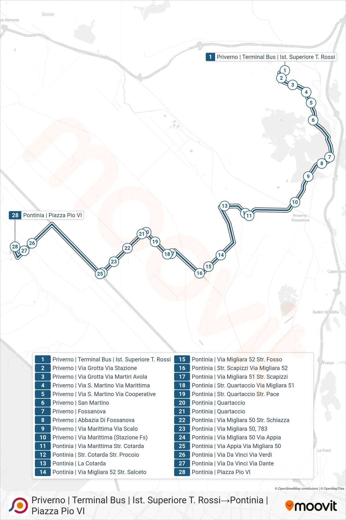 Linea COTRAL  bus (Priverno | Terminal Bus | Ist. Superiore T. Rossi‎→Pontinia | Piazza Pio VI) - Percorsi e fermate sulla mappa
