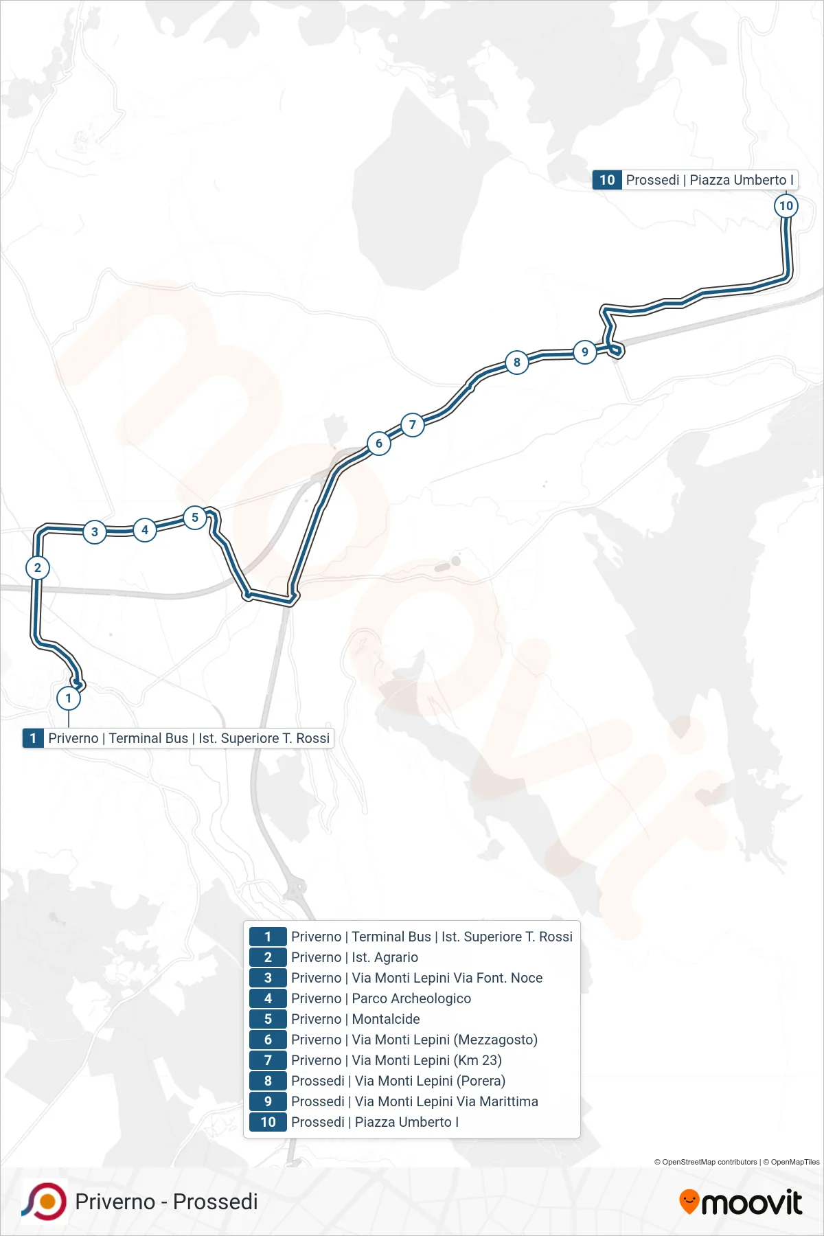 Linea COTRAL bus (Priverno | Terminal Bus | Ist. Superiore T. Rossi→Prossedi | Piazza Umberto I) - Percorsi e fermate sulla mappa