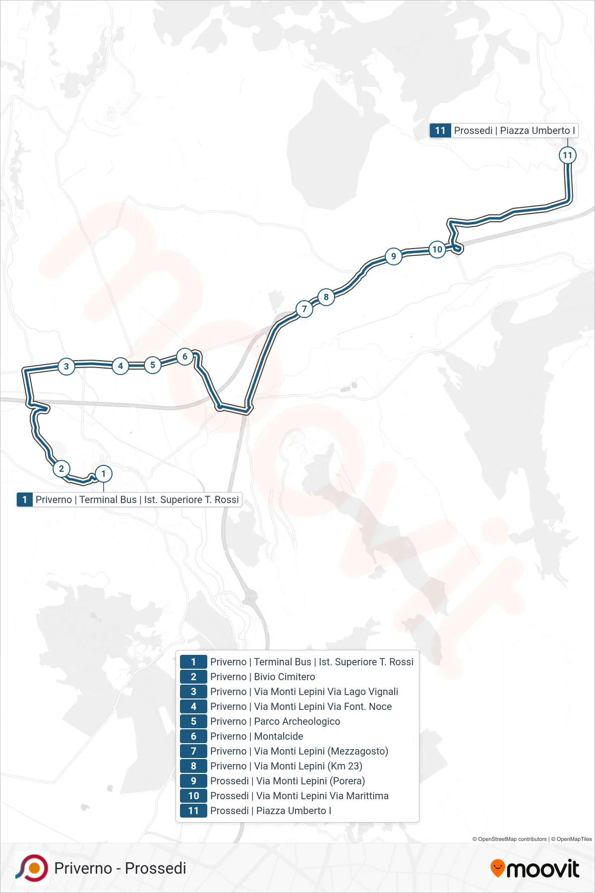Linea COTRAL bus (Priverno | Terminal Bus | Ist. Superiore T. Rossi→Prossedi | Piazza Umberto I) - Percorsi e fermate sulla mappa