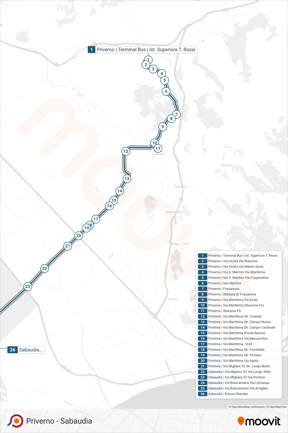 Linea COTRAL  bus (Priverno | Terminal Bus | Ist. Superiore T. Rossi‎→Sabaudia | Piazza Oberdan) - Percorsi e fermate sulla mappa
