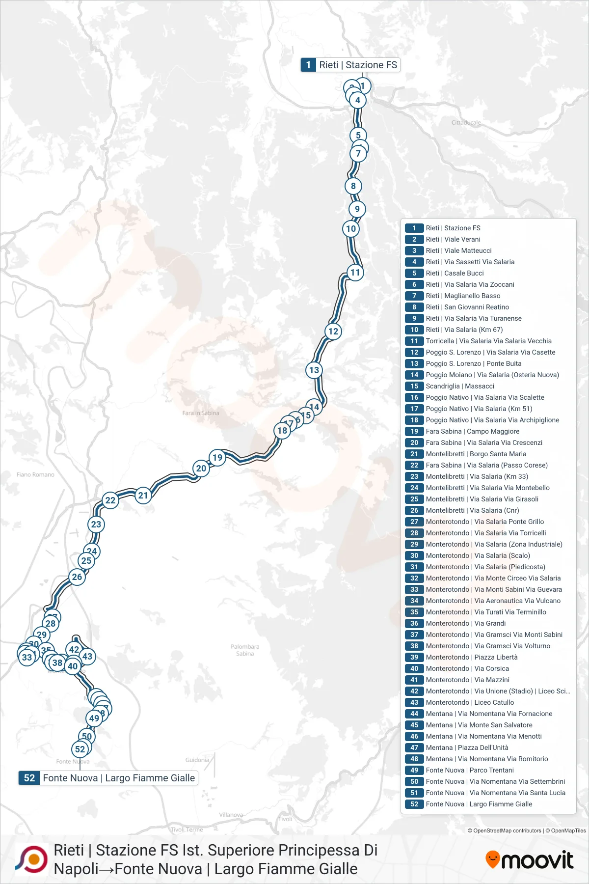 Linea COTRAL bus (Rieti | Stazione FS Ist. Superiore Principessa Di Napoli→Fonte Nuova | Largo Fiamme Gialle) - Percorsi e fermate sulla mappa