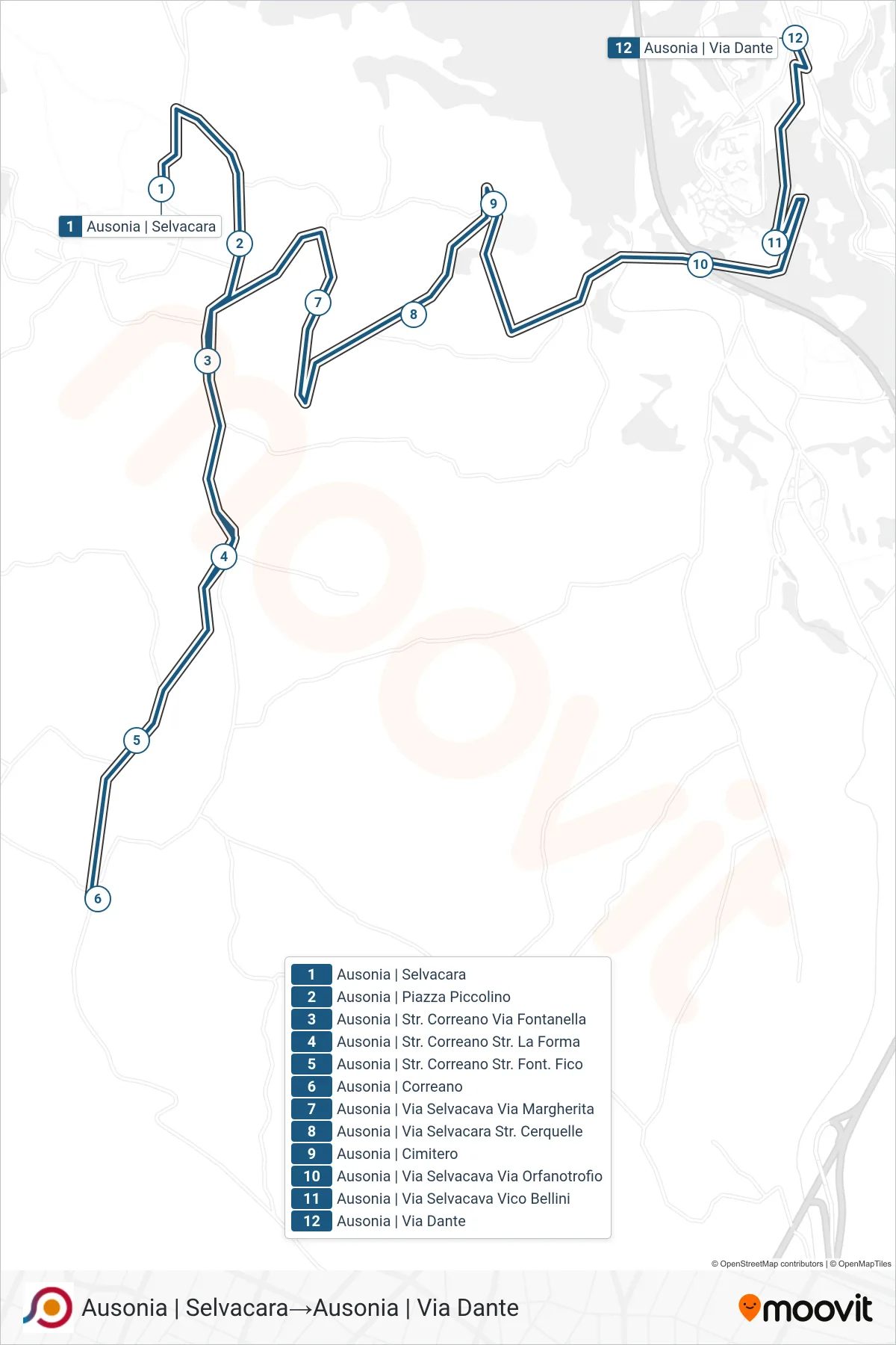 COTRAL bus Line (Ausonia | Selvacara→Ausonia via Dante) route and stops on a map