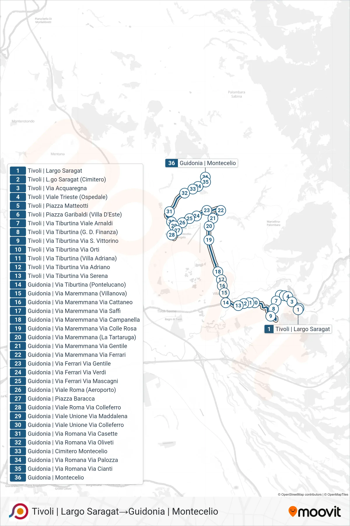 Linea COTRAL bus (Tivoli | Largo Saragat→Guidonia | Montecelio) - Percorsi e fermate sulla mappa