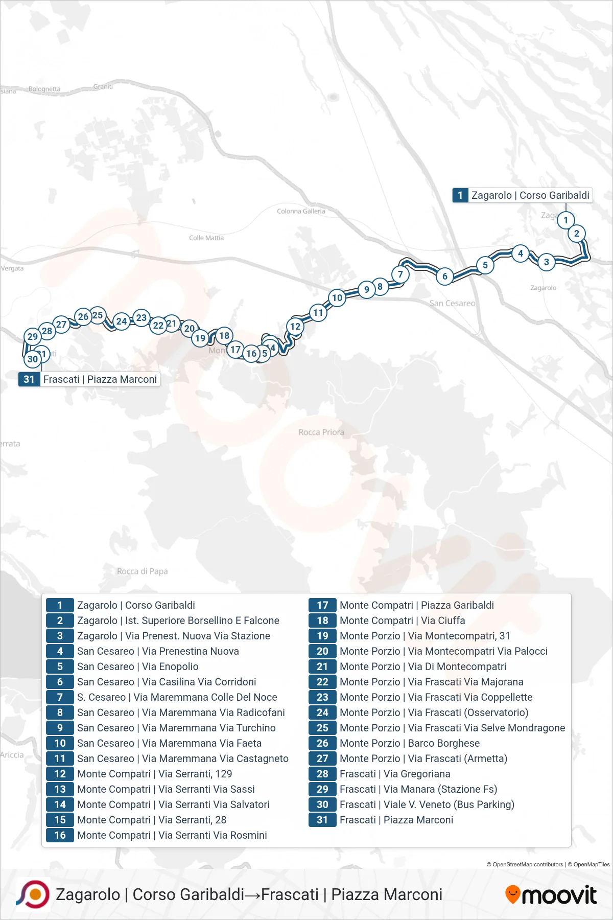 Linea COTRAL bus (Zagarolo | Corso Garibaldi→Frascati | Piazza Marconi) - Percorsi e fermate sulla mappa