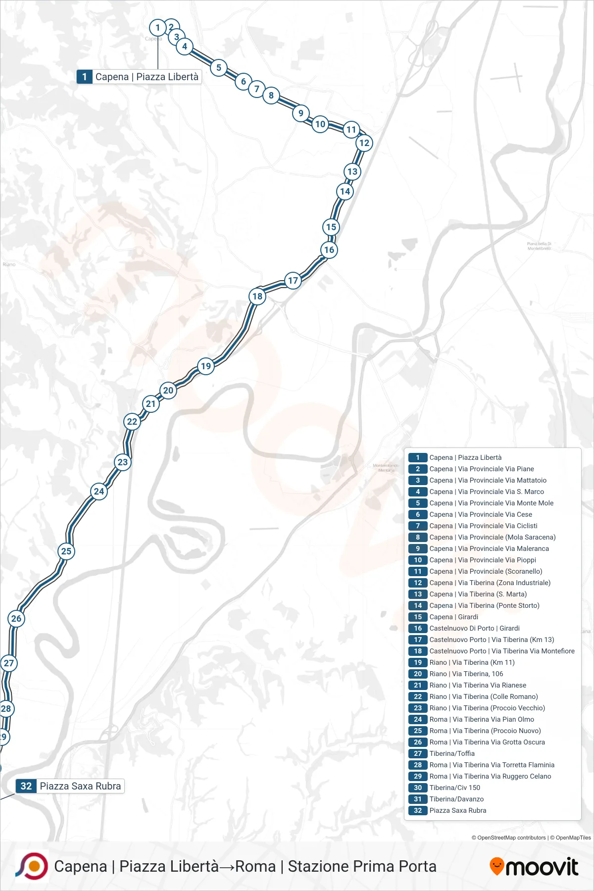 Linea COTRAL bus (Capena | Piazza Libertà→Roma | Stazione Prima Porta) - Percorsi e fermate sulla mappa