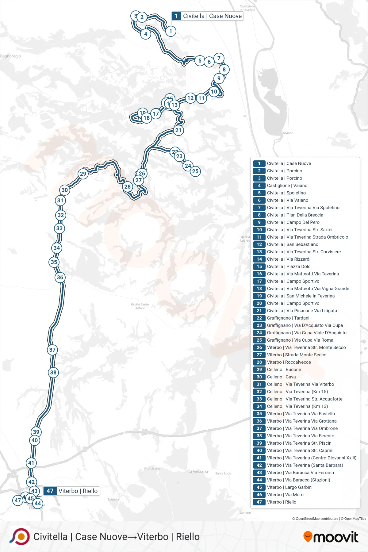 Linea COTRAL bus (Civitella | Case Nuove→Viterbo | Riello) - Percorsi e fermate sulla mappa