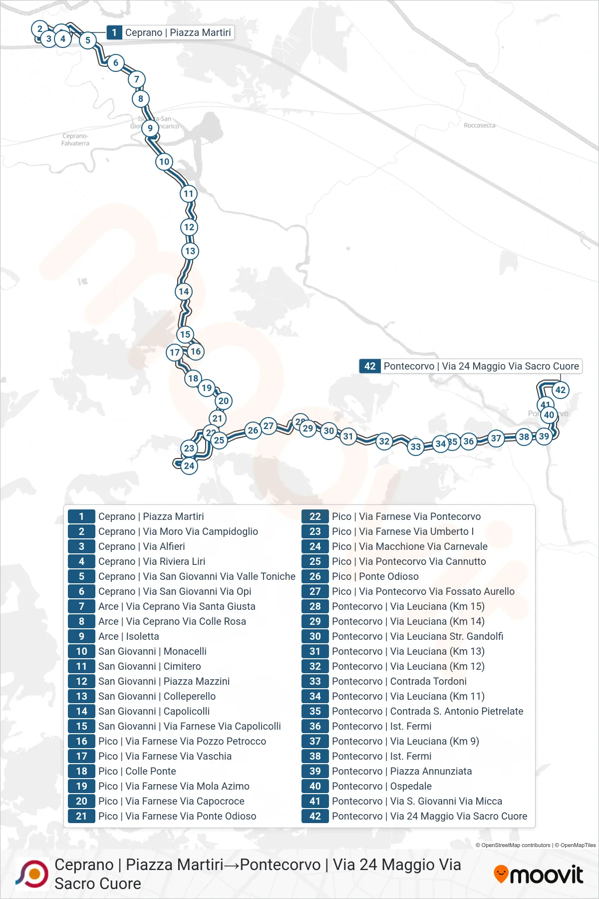 Linea COTRAL bus (Ceprano | Piazza Martiri→Pontecorvo | Via 24 Maggio Via Sacro Cuore) - Percorsi e fermate sulla mappa