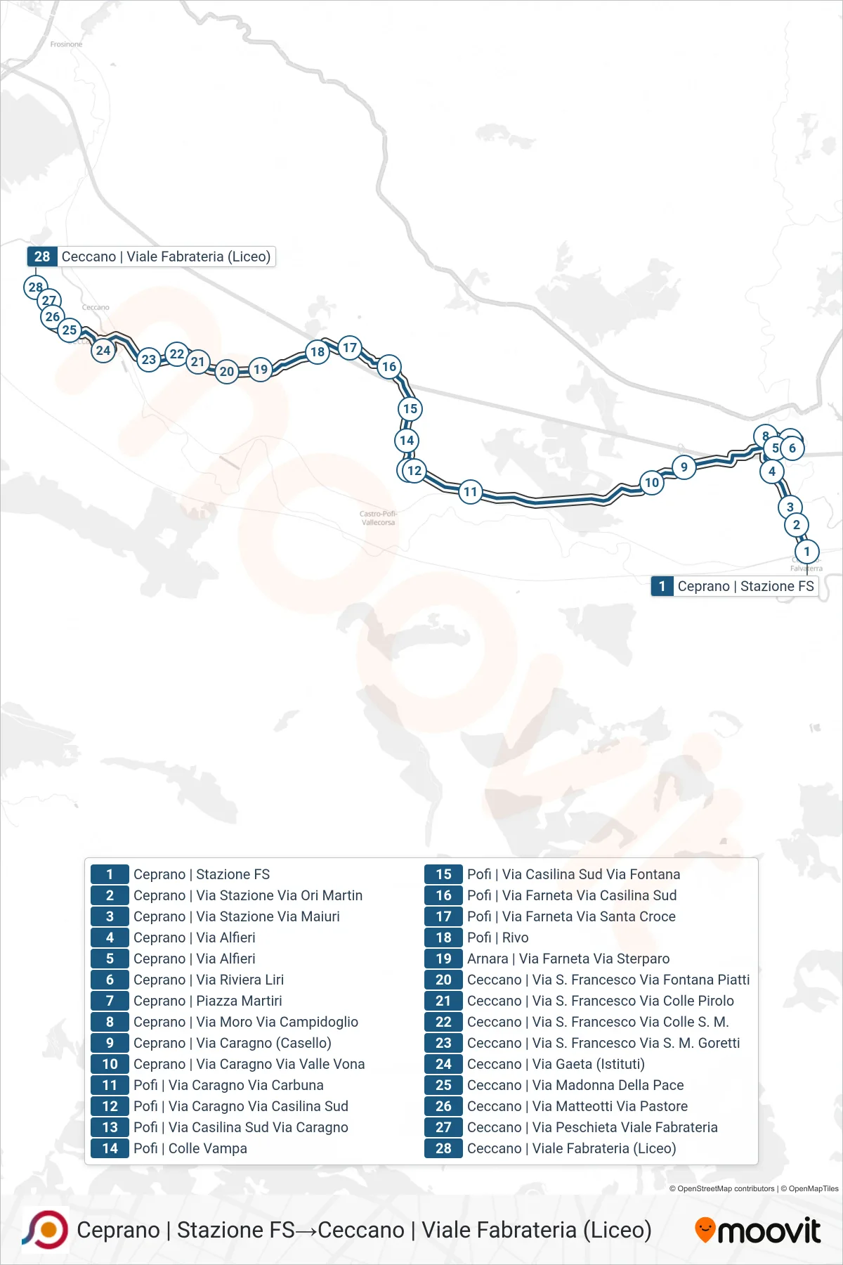 Linea COTRAL bus (Ceprano | Stazione FS→Ceccano | Viale Fabrateria (Liceo)) - Percorsi e fermate sulla mappa