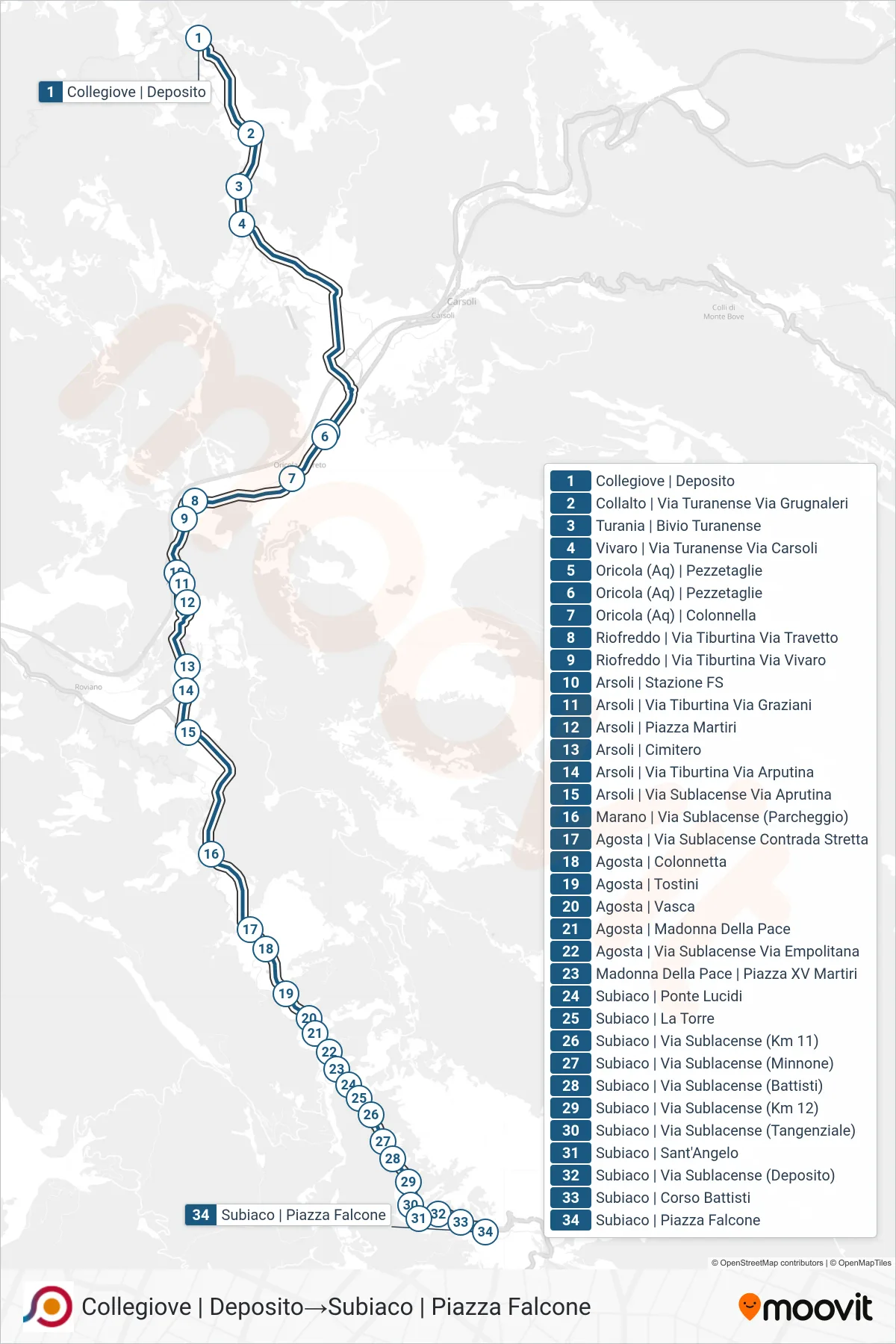 Linea COTRAL bus (Collegiove | Deposito→Subiaco | Piazza Falcone) - Percorsi e fermate sulla mappa