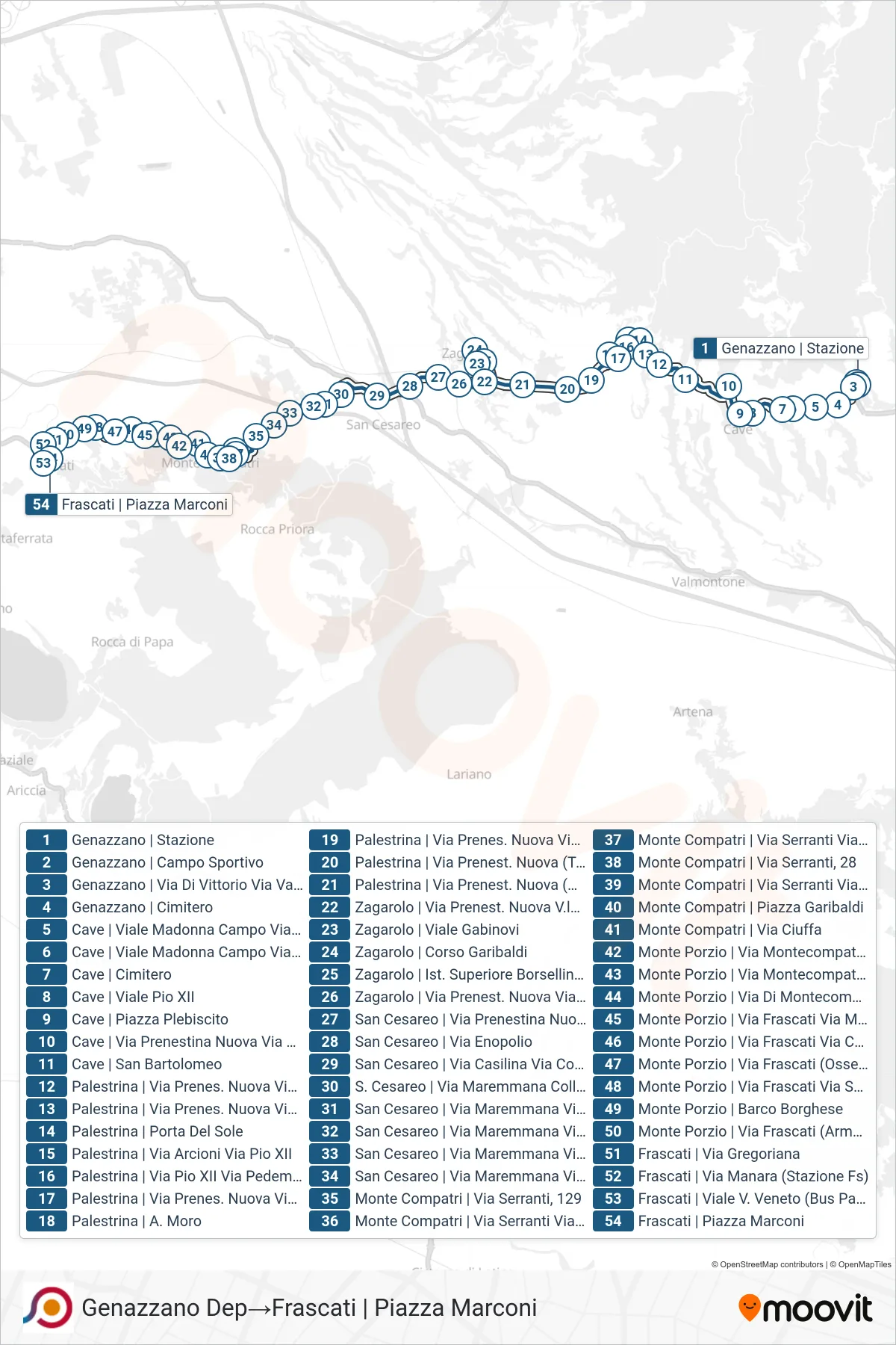 Linea COTRAL bus (Genazzano Dep→Frascati | Piazza Marconi) - Percorsi e fermate sulla mappa