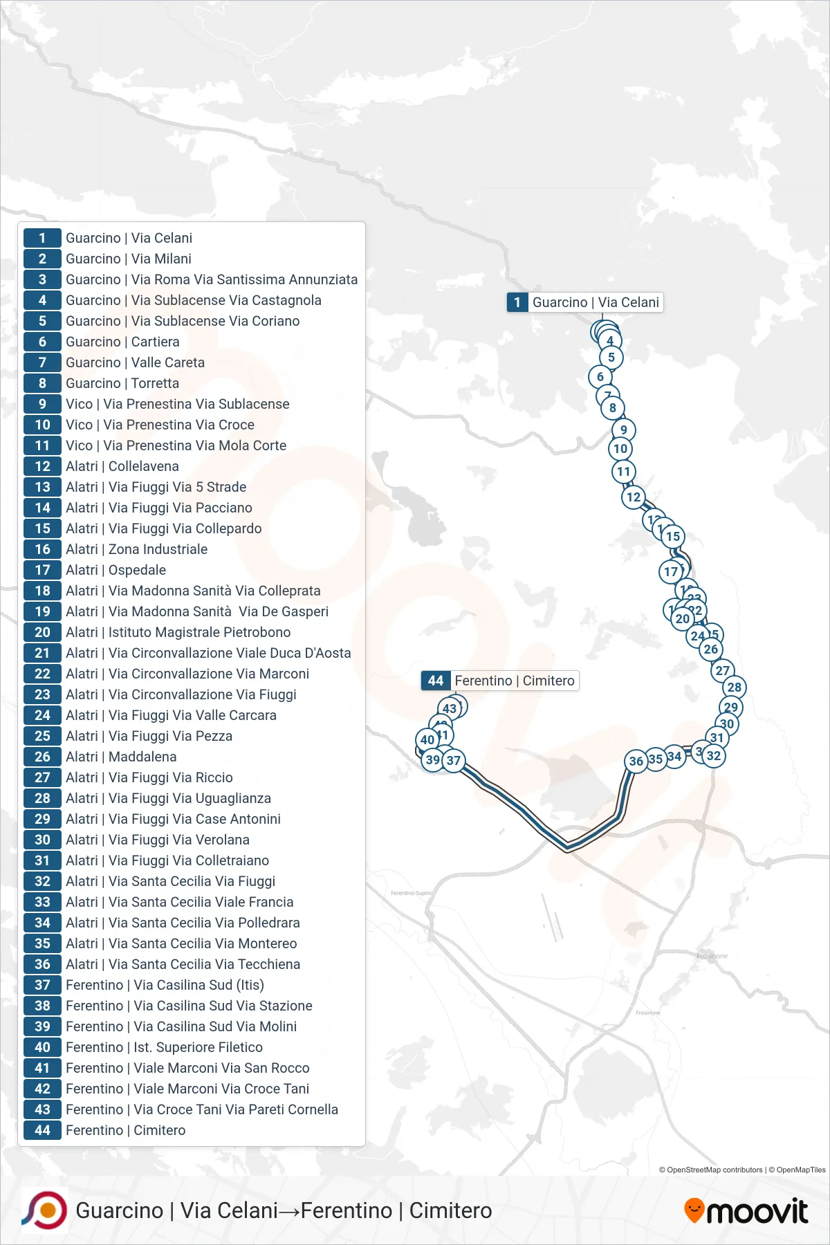 Linea COTRAL bus (Guarcino | Via Celani→Ferentino | Cimitero) - Percorsi e fermate sulla mappa
