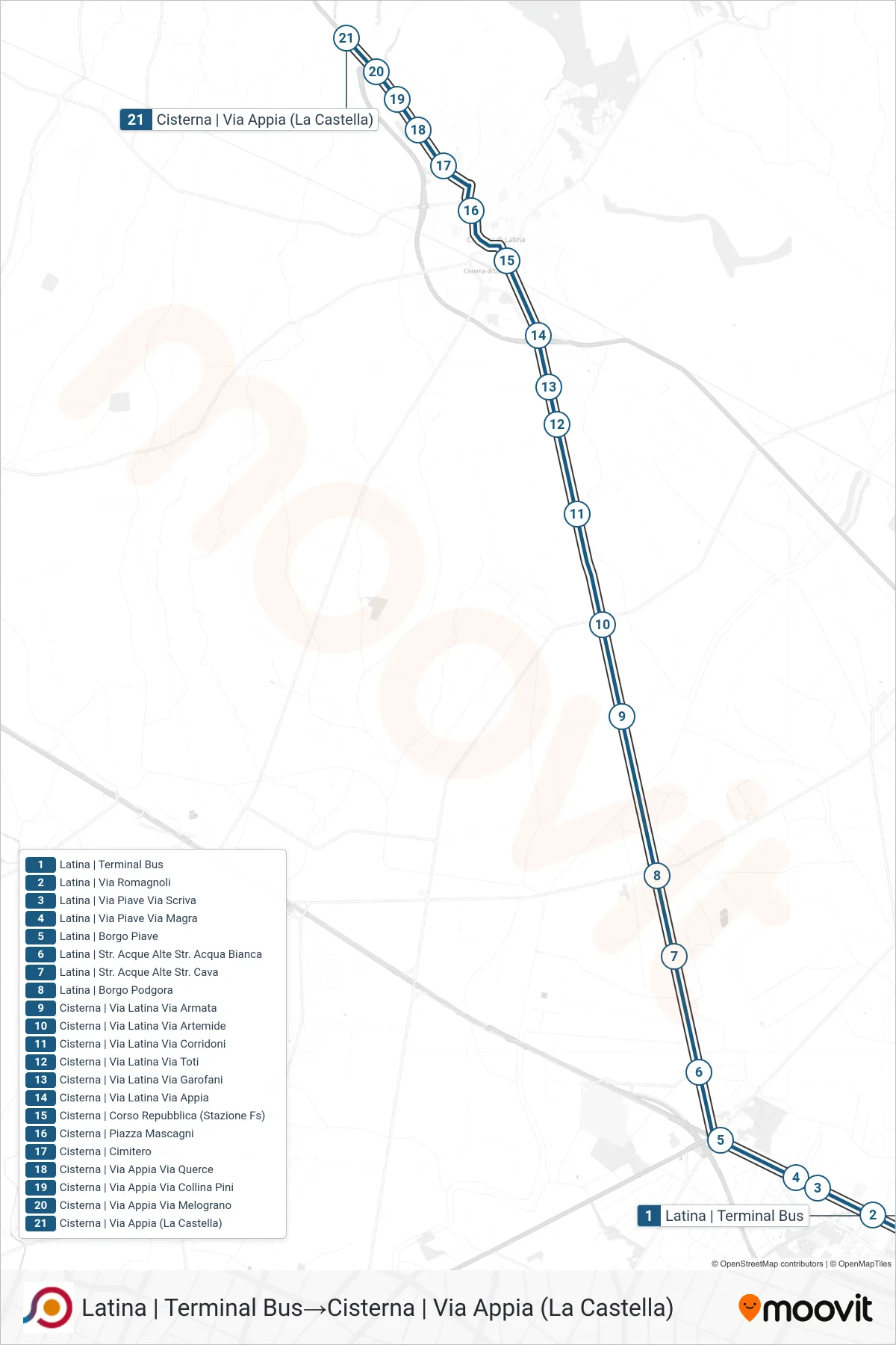 Linea COTRAL  bus (Latina | Terminal Bus‎→Cisterna | Via Appia (La Castella)) - Percorsi e fermate sulla mappa